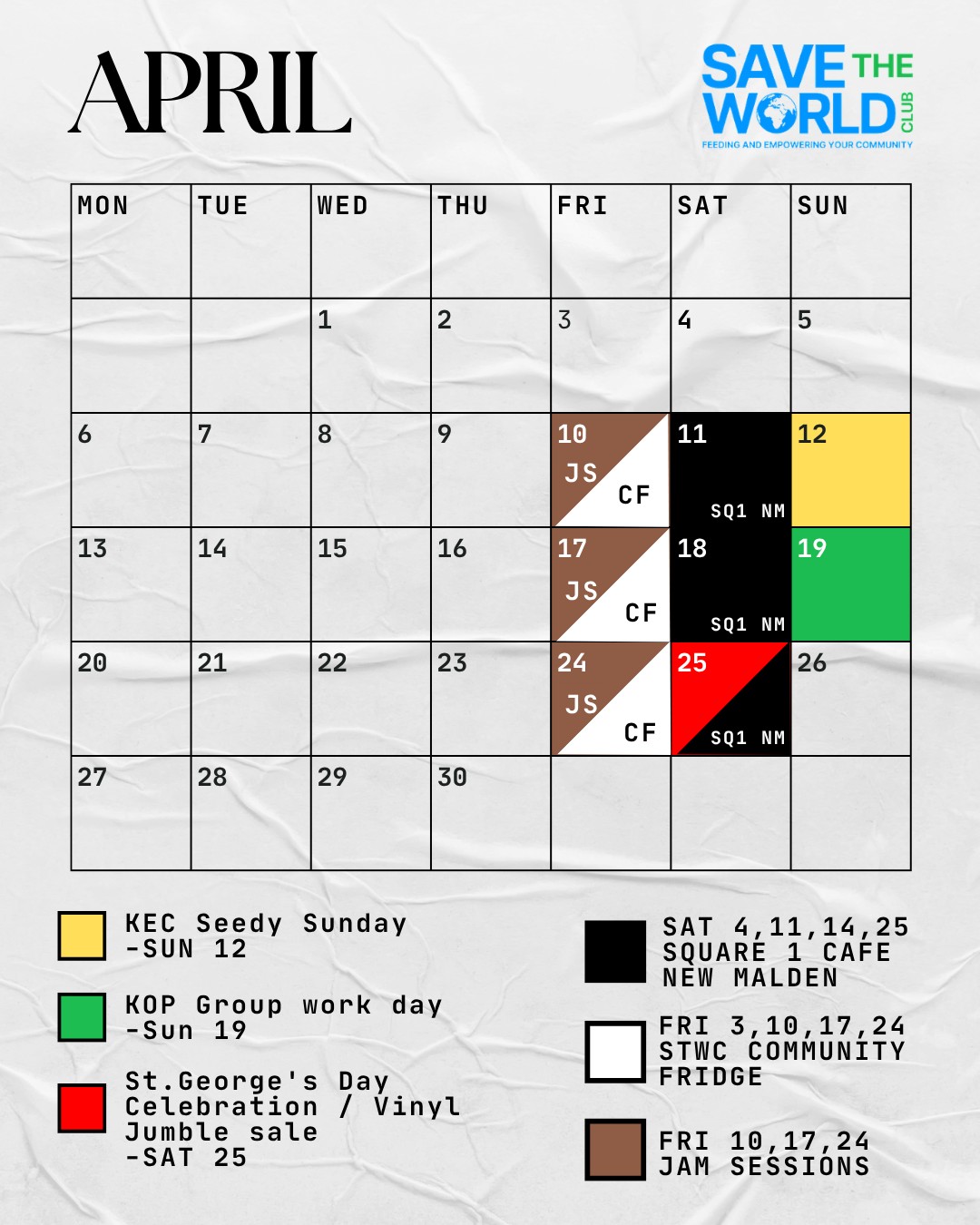 Join us this month for a fantastic selection of events and support projects with a special spotlight being this Sunday (12th April) being KEC's annual Seedy Sunday!
Have a fantastic evening from the STWC team!
#AprilEvents #Events #April #ComingUp #communitysupport #environment #environmental #kingstonuponthames #kingston #surbiton #tolworth #newmalden #chessington