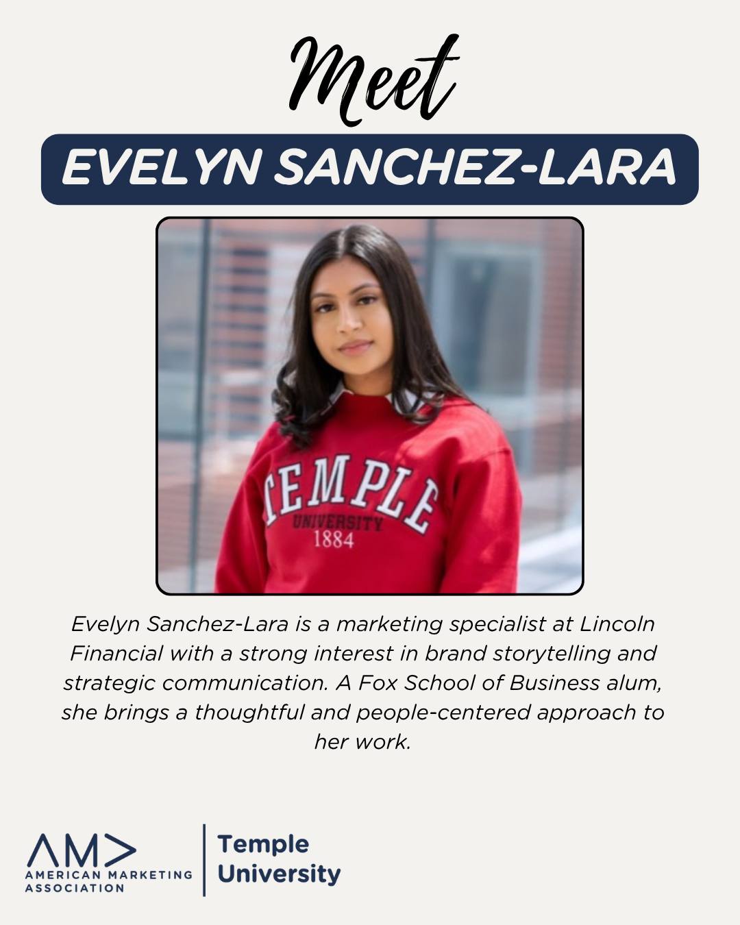 🚨 Today’s the day!
Join us in Alter LL35 from 12–12:50 PM as we welcome Evelyn Sanchez-Lara ! She will share her insight on being a Marketing Specialist at Lincoln Financial
Don’t miss it!