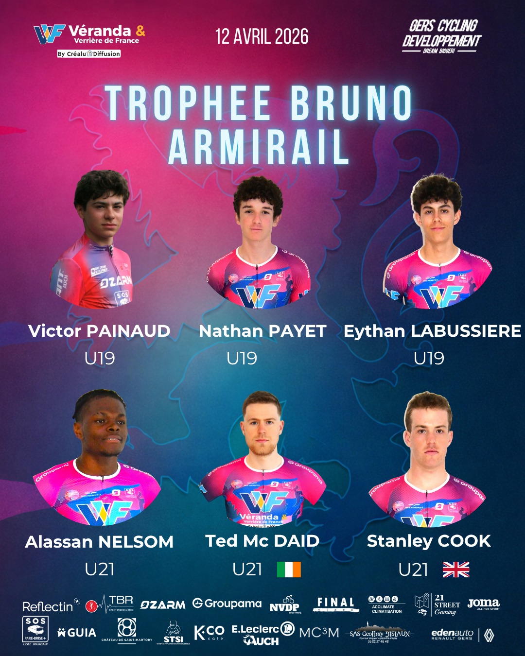 📋 Composition – Trophée Bruno Armirail
Ce dimanche 12 avril, le Gers Cycling Développement VVF sera au départ avec un groupe mêlant jeunesse et ambition.
🔹 Victor Painaud (U19)
🔹 Nathan Payet (U19)
🔹 Eythan Labussière (U19)
🔹 Alassan Nelsom (U21)
🔹 Ted Mc Daid (U21)
🔹 Stanley Cook (U21)
Un collectif engagé, prêt à se confronter à un beau niveau de compétition.
On sera derrière eux 💪
Allez le GCD ⚔️🦁🚴♂️
@crealudiffusion @eleclercauch @sosparebrisepluslislejourdain @ozarm_custom @21street_gaming @jomasport @groupamaoc @sonia.reflectin STSI @chateausaintmartory GUIA @kcocafe @nvdp_bikefitting @tbrsportperformance MC3M @final__video SAS GEOFFRAY BISIAUX @teamnicemetropolecotedazur_ @edenautogroupe