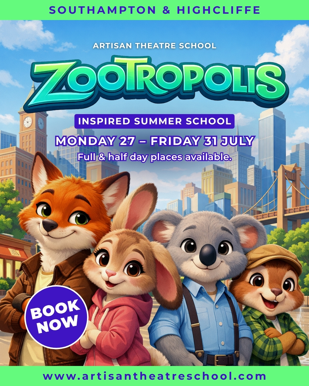🐾 Zootropolis Summer School is HERE! 🎭
🗓️ Monday 27 - Friday 31 July
Get ready for five action-packed days of dance, drama, creativity, and confidence-building fun at our Zootropolis themed Artisan Summer School.
Step into a vibrant city where animals chase their dreams, solve problems, and bring stories to life - all while building confidence, making friends, and having an unforgettable time.
✨ What your child will experience:
• Fun, high-energy choreography
• Drama, role play, and storytelling
• Character creation and performance skills
• Confidence-building through teamwork
• A supportive, feel-good environment
🎬 The week finishes with a mini performance showcase, where children get to shine and celebrate everything they’ve learned.
📍 Locations
Highcliffe
Southampton
⏰ Session Options
Full Day: 9.00am - 4.00pm (£30)
Half Day: 9.00am - 12.00pm (£20)
(Prices above are inclusive of early bird discounts)
Children can attend individual days or the full experience.
🎟 EARLY BIRD OFFER 🎟
Save 20% when you book by the end of May 2026
Option to pay £25 deposit to hold space and balance until end of May.
(Limited spaces available)
👧 Who it’s for:
Primary to early secondary age
No experience needed
Perfect for confident kids AND those who need a confidence boost
💛 Spaces are limited and these always fill fast.
📩 To book, email:
admin@artisantheatreschool.com