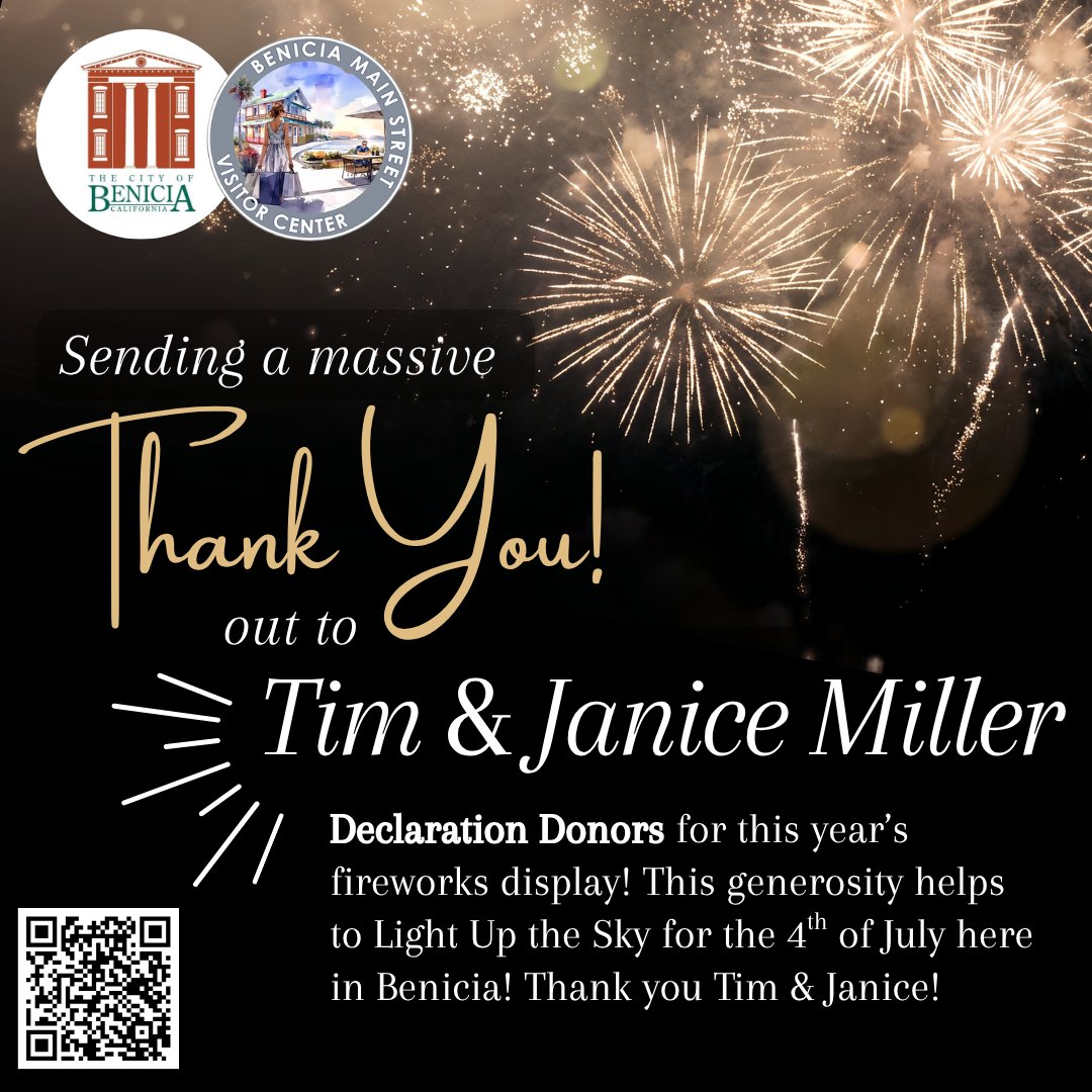 Help LIGHT UP THE SKY this 4th of July! 🎆 Benicia, we’re raising funds right now to bring back the 2026 4th of July fireworks show—and to celebrate 250 years of American independence in a big way! 🇺🇸
- On July 3rd, Benicia Main Street will once again host our beloved Torchlight Parade.
- On July 4th, with your help, we’ll fill the waterfront sky with fireworks for the whole community to enjoy.
Our goal: $50,000
This covers the fireworks display, plus essentials like cleanup, portable restrooms, and equipment rentals.
HOW YOU CAN HELP:
💳 Donate as an individual or business—every dollar counts.
⭐ Become a Sponsor (from $100 up to $10,000) and enjoy perks like:
- Name & logo recognition
- Parade banner visibility
- Prime-viewing seats for the fireworks
- An exclusive pre-fireworks reception
👥 OR Form a KaBOOM! Fundraising Team
Teams can be local businesses, community groups, neighbors, or friends & family. Raise funds, send us your best 𝗳𝘂𝗻 “𝘀𝗺𝗮𝗰𝗸 𝘁𝗮𝗹𝗸”, and we’ll share highlights on social for extra buzz!
- Top 3 teams win PRIME-VIEWING SEATS + PRE-FIREWORKS RECEPTION
🔗 DONATE OR REGISTER YOUR TEAM TODAY at BeniciaMainStreet.org (under "Events") or give in person at our clear collection box:
- Benicia Main Street Visitor Center
- Benicia Certified Market, Thursdays starting April 30, 2026
Let's come together to light up Benicia's sky & spirit for America’s 250th! ✨ Link in bio
#LightUpTheBeniciaSky #BeniciaFireworks #BeniciaCommunity