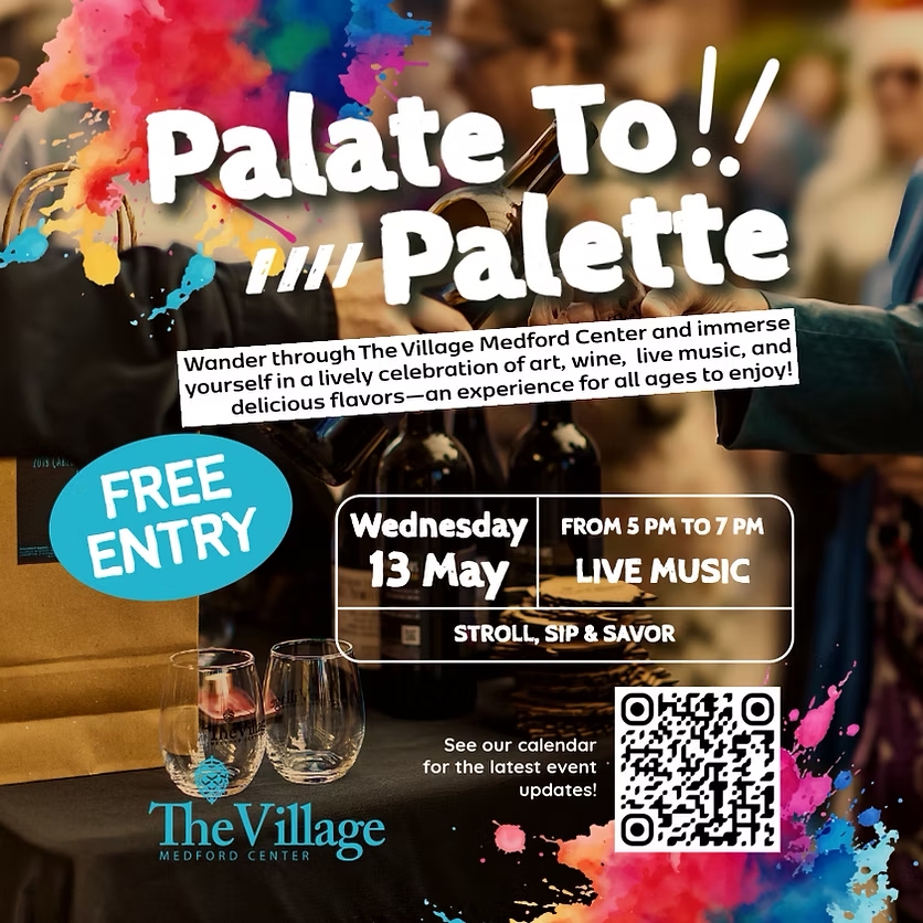 Art is in the air. 🎨 Mark your calendars for Palate to Palette on May 13th! We're bringing local art and flavors together for a grand evening stroll through the heart of Medford. Explore stunning works from talented local artists as you wander through The Village, all while savoring exquisite wines from the region's finest wineries and listening to some great tunes with Mercy Duo! Stay tuned for more details, including participating artists and wineries.
#thevillagemedfordcenter #medfordcenter #thevillage #PalateToPalette #artandwine #artwalk #medfordor #southernoregonevents #southernoregon #medfordevents