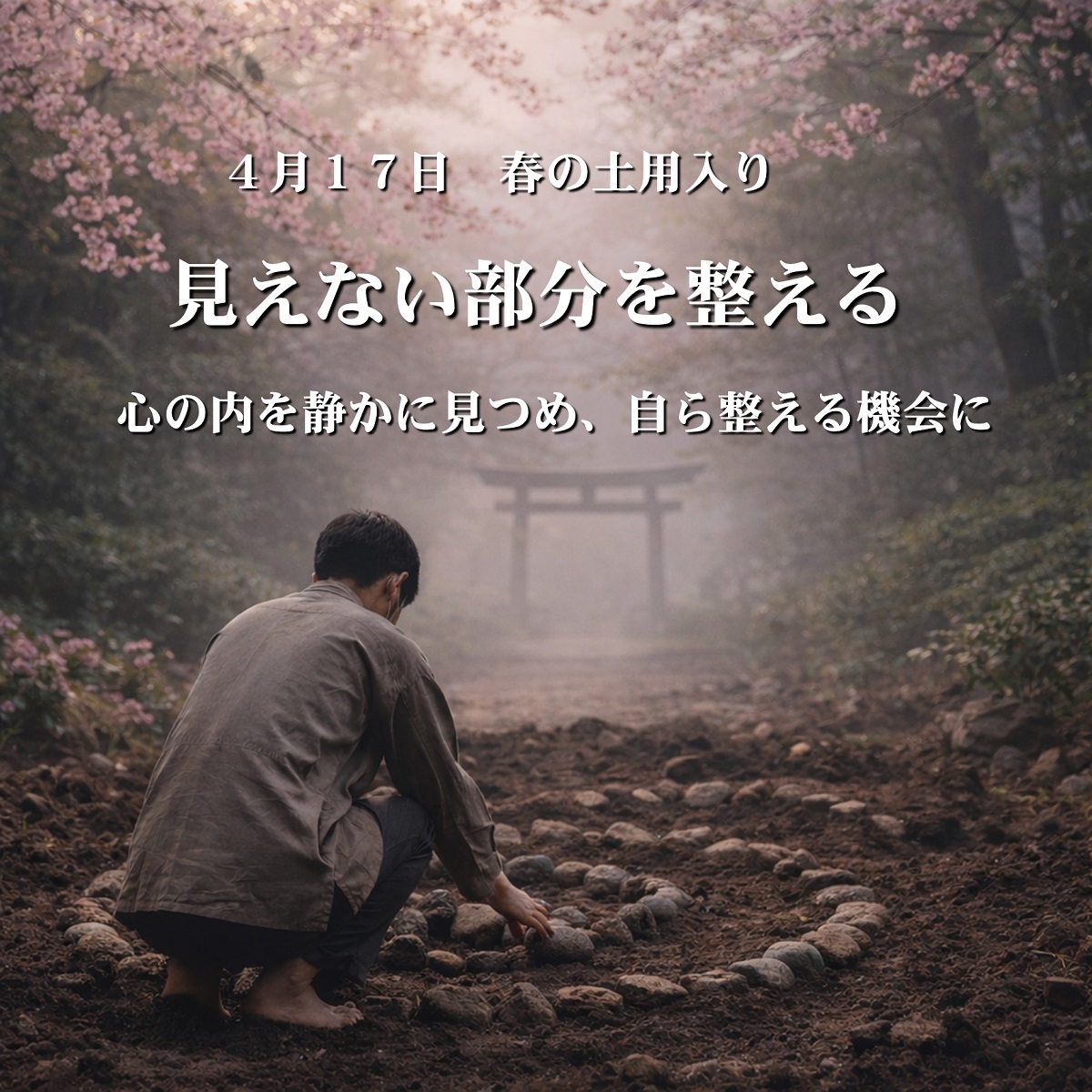 【4月17日 春の土用入り】
4月17日から、春の土用に入ります。
土用は、季節の変わり目にあたり、次の季節へ移る前に気が揺らぎやすくなる時です。
2026年の春の土用は、4月17日から立夏の前日まで続きます。
土用というと、外側の注意ばかりに意識が向きがちです。
けれど本当に大切なのは、目に見えることだけではありません。
むしろこの時期ほど、見えないところにある乱れ、疲れ、迷い、抱えたままにしてきたものが、心や身体に表れやすくなります。
最近のご相談でも、見える結果や相手の言動に心を奪われすぎるあまり、本来整えるべきご自身の内側が後回しになっているように感じることがあります。
他人との摩擦に疲れ、気力を失い、どうにも動けなくなってしまう。
けれど、その苦しさのすべてが、出来事そのものだけで決まるわけではありません。
同じ出来事であっても、どう受け止めるかによって、心は重くも軽くもなります。
それにもかかわらず、自ら重くなる方へと向かってしまう時、人はますます出口を見失いやすくなります。
だからこそ土用は、外側を何とかしようと焦る時ではなく、まず自分の内側を見つめ直す時です。
見える世界に振り回されすぎていないか。
相手の言葉や態度に、心を明け渡しすぎていないか。
本当は改めるべき受け止め方や、整えるべき心の在り方を、見ないままにしていないか。
そうしたことを静かに省みることが大切になります。
土用の時期に必要なのは、大きく前へ出ることではありません。
無理に答えを急がないこと。
感情のままに動かないこと。
暮らしを整え、睡眠を整え、言葉を整え、心を荒らすものから少し距離を置くこと。
そうした一つひとつが、乱れた気を静かに立て直していきます。
見えない部分が整わないまま、見える世界だけを動かそうとしても、流れは不安定になります。
けれど、内側が整い始めると、同じ出来事に対する受け止め方が変わり、景色もまた変わり始めます。
春の土用は、足を止めるための時ではありません。
この先をよりよく進むために、土台を見直し、心の重さを整え直すための時です。
4月17日の土用入り。
外側の出来事にばかり心を奪われるのではなく、今の自分の内側にどのような乱れがあるのか。
何を抱えすぎているのか。
何を手放し、何を整えるべきなのか。
そこへ静かに目を向ける節目にしていただけたらと思います。
人生相談 空~ku
#春の土用
#土用入り
#見えない部分を整える
#4月17日
#時流
#人生相談
#魂との対話
#柏市
#人生相談空