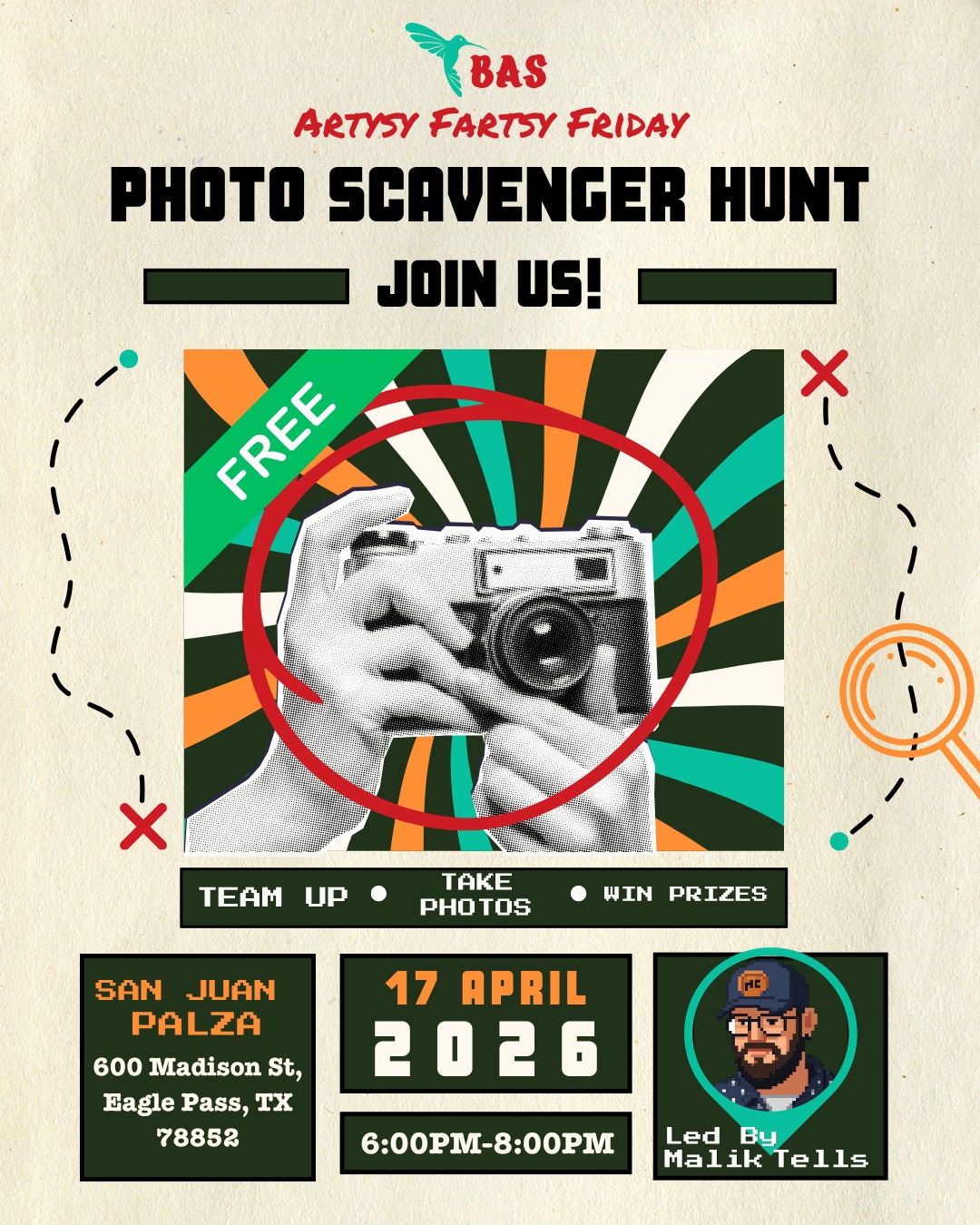 Grab your friends or come solo and find your team, we’re hitting downtown for a photo scavenger hunt led by @maliktells 🎯
Explore, snap pics, get creative, and you might just win a lil prize 👀🏆
🗓 Friday, April 17, 2026
⏰ 6:00 PM – 8:00 PM
📍 Meet up point: San Juan Plaza
600 Madison St, Eagle Pass, TX
Come ready to walk, create, and connect. It’s all about having fun, meeting new people, and seeing our city through a different lens 📷💫
_____________
Trae a tus amigos o ven solo y encuentra tu equipo: nos vamos al centro a participar en una yincana fotográfica dirigida por Malik Tells 🎯
Explora, haz fotos, da rienda suelta a tu creatividad y quizá ganes un pequeño premio 👀🏆
🗓 Viernes, 17 de abril de 2026
⏰ 18:00 – 20:00
📍 Punto de encuentro: San Juan Plaza
600 Madison St, Eagle Pass, TX
Ven preparado para caminar, crear y conectar. Se trata de divertirse, conocer gente nueva y ver nuestra ciudad desde una perspectiva diferente 📷💫