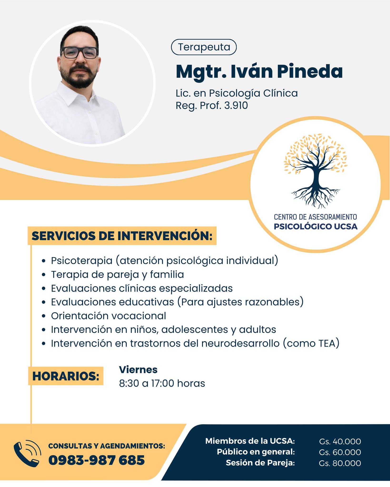 ¡Centro de Asesoramiento Psicológico de la UCSA!
Comprometidos con tu bienestar 🧠💙
El Mgtr. Iván Pineda te acompaña con un espacio profesional de escucha, evaluación y orientación.
✔ Psicoterapia individual
✔ Terapia de pareja y familia
✔ Evaluaciones clínicas y educativas
✔ Orientación vocacional
✔ Atención a niños, adolescentes y adultos
✔ Intervención en trastornos del neurodesarrollo (como TEA)
🕒 Viernes de 08:30 a 17:00 horas
📲 Información y agendamientos: 0983-987 685
#UCSA El futuro está en tus manos 🙌