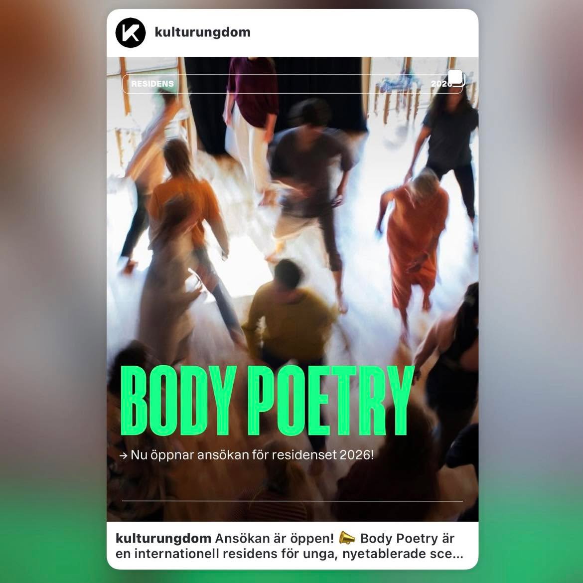 Delat inlägg från @kulturungdom :
---
" Ansökan är öppen! 📣 Body Poetry är en internationell residens för unga, nyetablerade scenkonstnärer som främjar nya möten och ger deltagarna utrymme att gå djupare in i sitt konstnärskap. 🎭️ Residenset ger rum 30 maj till 6 juni i den lilla konstnärsbyn Gerlesborg i Norra Bohuslän. Här består omgivningen av lövskog, fjord (där man kan bada) och berg. Det blommar av gemenskap med lokala föreningar samt tre konstnärliga organisationer med var sin specialitet.
Välkommen att läsa mer och ansöka via länken i bio @kulturungdom , senast den 12 april! "
---