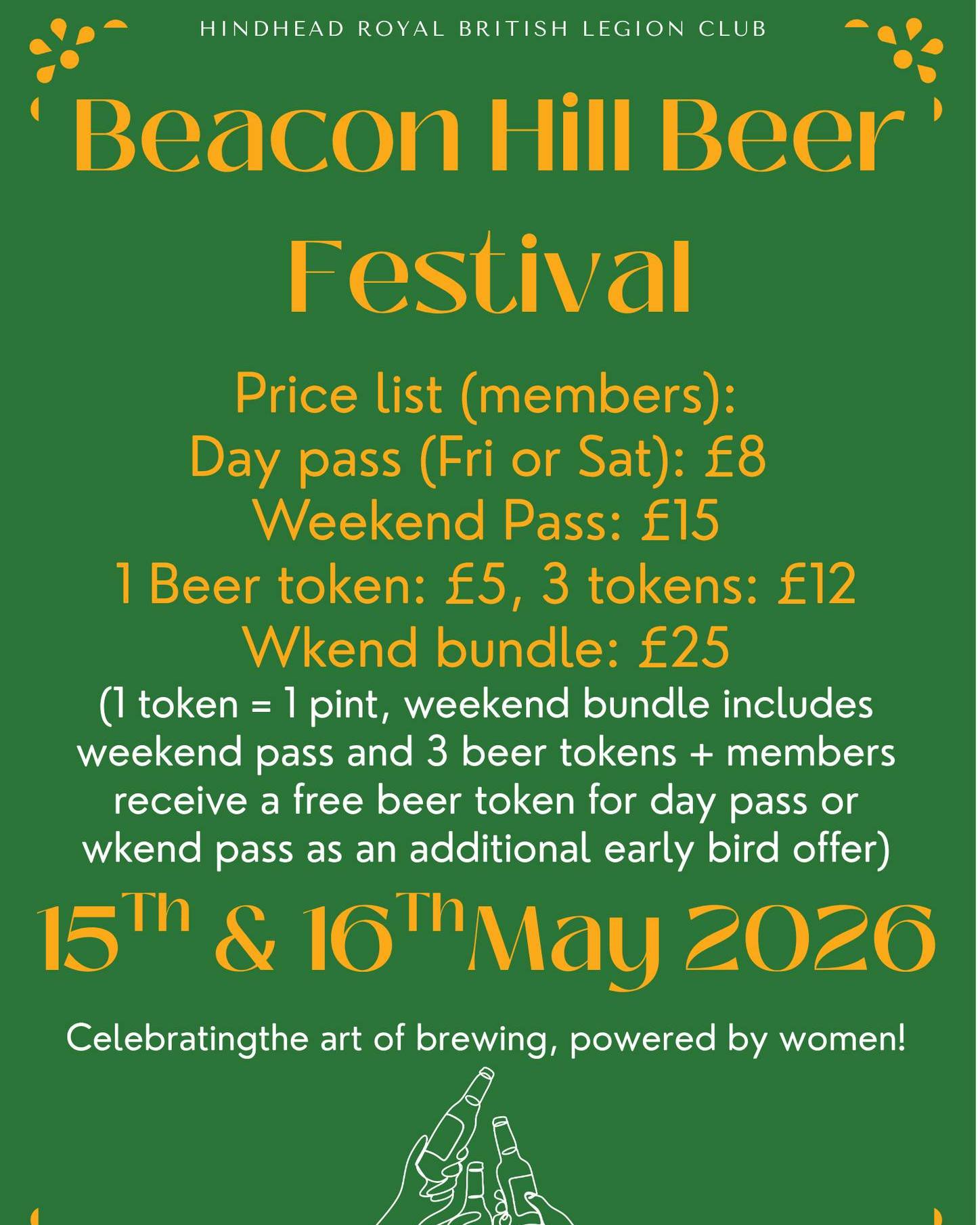 Members Tickets Now Available Behind the Bar!
We’re pleased to say that Beacon Hill Beer Festival 2026 tickets are now on sale for members at the club
If you’re in over the next few weeks, you can:
✔️ Pick up your tickets early
✔️ Secure your preferred day or weekend pass
✔️ Grab beer tokens in advance
🍺 Members Early Bird Offer
As a thank you, we’re offering a free beer token for members who buy their tickets early!
Friday 15th & Saturday 16th May:
16 cask ales, lagers, ciders & more
Live music across both days
Food, gin & rum tent and a great atmosphere throughout
Pop in, have a drink, and get yourself sorted.
We’re looking forward to another brilliant weekend! Get your tickets behind the bar.
#hindheadrbl #hindhead #beaconhill #beerfestival #beerfest