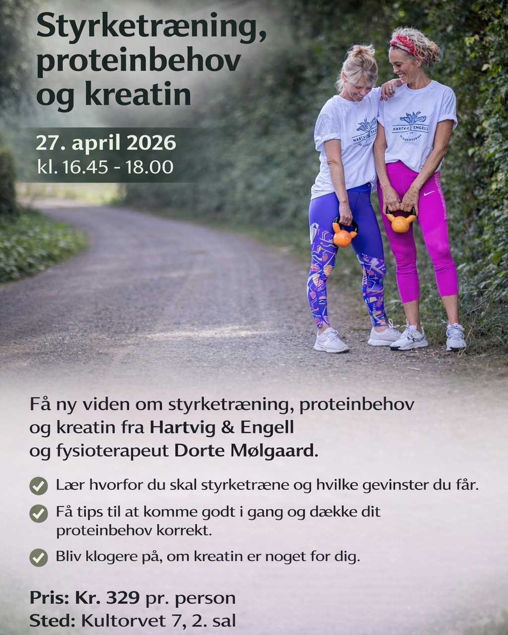 FOREDRAG om Styrketræning, proteinbehov & kreatin.
Få pladser tilbage.
27/4 2026 kl. 16.45. Pris 329 kr.
Tilmeld dig her:
https://www.hartvig-engell.dk/foredrag-styrketr%C3%A6ning