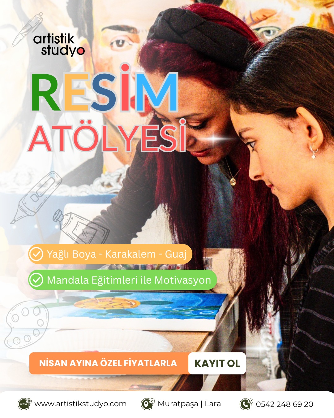 🎨 Sanatın renkli dünyasına adım atmaya hazır mısınız? Artisik Stüdyo Resim Atölyesi, yaratıcılığınızı keşfetmeniz ve kendinizi sanatla ifade etmeniz için kapılarını açıyor! ✨
Nisan ayına özel fiyatlarla, Yağlı Boya, Karakalem ve Guaj tekniklerini uzman eğitmenlerimizden öğrenin. Ayrıca, Mandala Eğitimleri ile Motivasyon derslerimizle içsel huzuru ve odaklanmayı sanatla birleştirin. Her seviyeden sanat severe uygun atölyelerimizde yerinizi ayırtın!
👉 Hayallerinizdeki sanat eserlerini yaratmak için hemen kaydolun:
📞 0542 248 69 20
📍 Muratpaşa | Lara
🌐 Daha fazla bilgi için: www.artistikstudyo.com
#ArtistikStüdyo #ResimAtölyesi #SanatKursu #YağlıBoya #Karakalem #Guaj #Mandala #SanatEğitimi #NisanFırsatları #SanatSeverler #Yaratıcılık #Hobi #AntalyaSanat #Muratpaşa #Lara