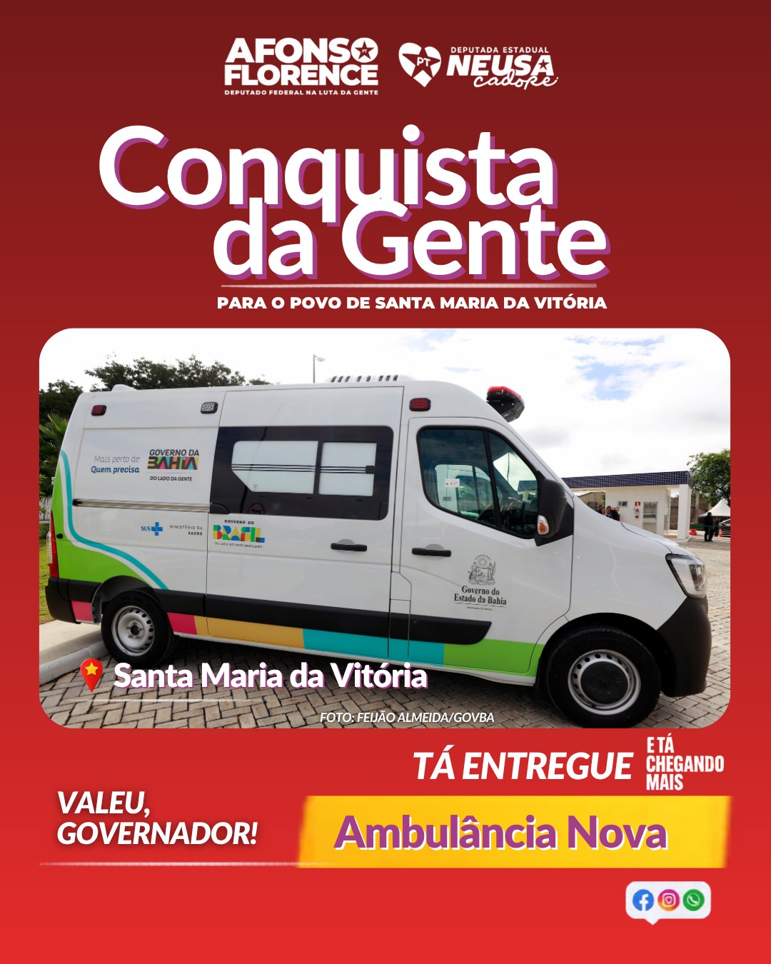 Em Santa Maria da Vitória, a ambulância nova já é realidade. Mais cuidado, mais estrutura e mais dignidade para o nosso povo. Conquista da gente! Obrigada, governador Jerônimo! #NeusaCadore #AfonsoFlorence