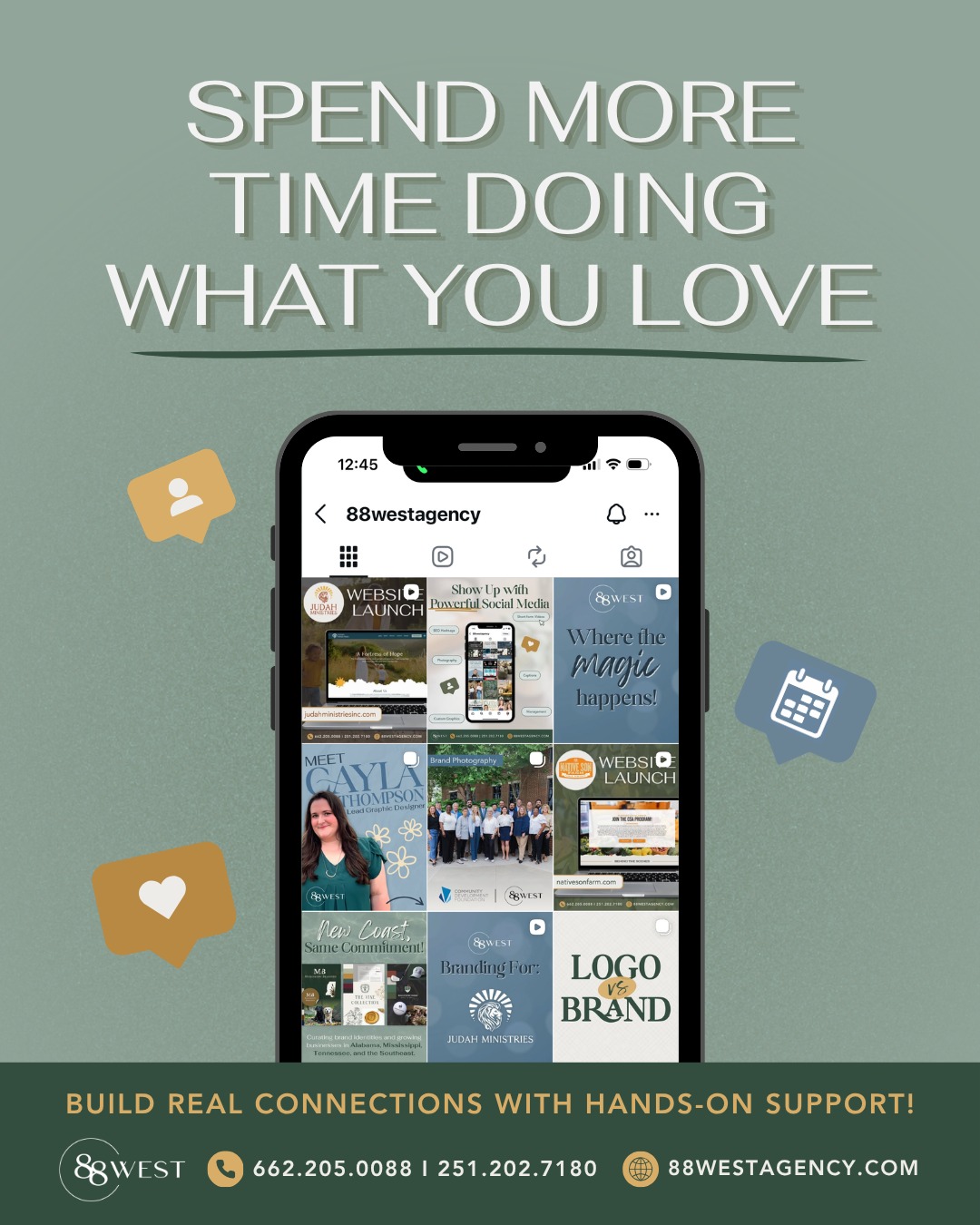 Instead of training new team members or conceptualizing new products and services, you’re stuck behind a computer trying to figure out how to create graphics or what hashtags to use.
If this doesn’t sound very productive to you, reach out to us!
-
📞 662.205.0088 | 251.202.7180
💻 88westagency.com
-
#88West #88WestAgency #NorthMS #ALGulfCoast #MSGulfCoast #TupeloMS #GulfShoresAL #HuntsvilleAL #BrandAgency #SoutheastBusiness #OrganicSocials #SocialMediaManagement #NonprofitBrand #BrandAgency #SoutheastMarketing #SocialMediaMarketing