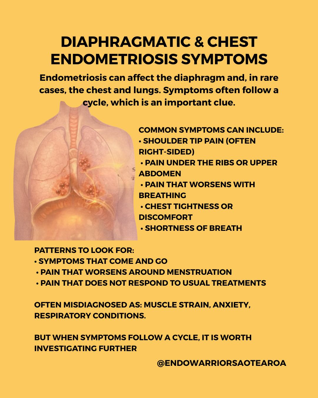Endometriosis is not always found in the pelvis.
It has been found on the diaphragm and, in rare cases, in the chest and lungs.
And it is often missed.
Symptoms can look unrelated.
Shoulder pain.
Pain under the ribs.
Pain with breathing.
Chest tightness.
Shortness of breath.
Many people are told it is a muscle strain.
Or anxiety.
Or a respiratory issue.
But the pattern matters. When these symptoms come and go, especially around menstruation, it is worth asking why.
In rare cases, endometriosis in this area can affect the lungs and cause serious complications. Chest pain or difficulty breathing should always be taken seriously.
What you can do
Track your symptoms and when they happen.
If they follow your cycle, that is important.
Do not ignore repeated chest or shoulder pain.
Ask your doctor:
Could this be endometriosis outside the pelvis?
Do my symptoms suggest diaphragmatic or thoracic involvement?
Should I be referred to a specialist?
If something does not feel right, it is okay to ask again or seek a second opinion.
You deserve to be listened to.
You deserve proper care.
#endometriosis #endowarriors #chronicillness #healthliteracy #invisibleillness