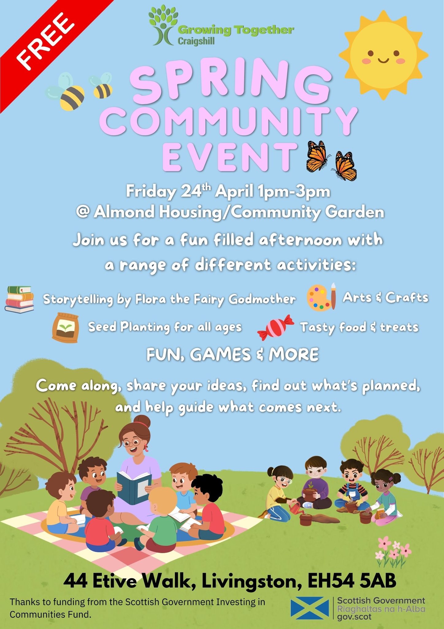 Growing Together's FREE Spring Community Event is just around the corner, EVERYONE IS WELCOME ☺️
Friday 24th April 1pm-3pm @ Almond Housing/Community Garden (44 Etive Walk, Livingston, EH54 5AB)
Join us for a fun filled afternoon with a range of different activities:
📚 Storytelling by Flora the Fairy Godmother
🎨 Arts & Crafts
🌱 Seed Planting for all ages
🍬 Tasty food & treats
🎮 Fun, games & MORE
Have your say! Come along, share your ideas, find out what's planned and help guide what comes next 💬
Spark Almond Housing Association West Lothian Yap