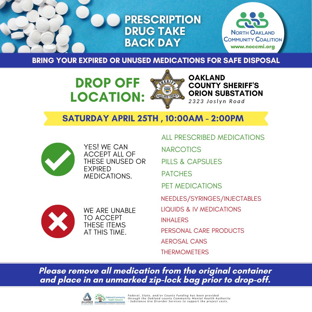 Quick reminder to check your medicine cabinet 👀
If you have unused or expired medications, Take Back Day is a simple way to safely dispose of them and help keep our community safe.
Join us April 25 from 10 AM to 2 PM at the Oakland County Sheriff’s Orion Substation.
Can’t make it? Year-round drop-off locations are available at the link in our bio.