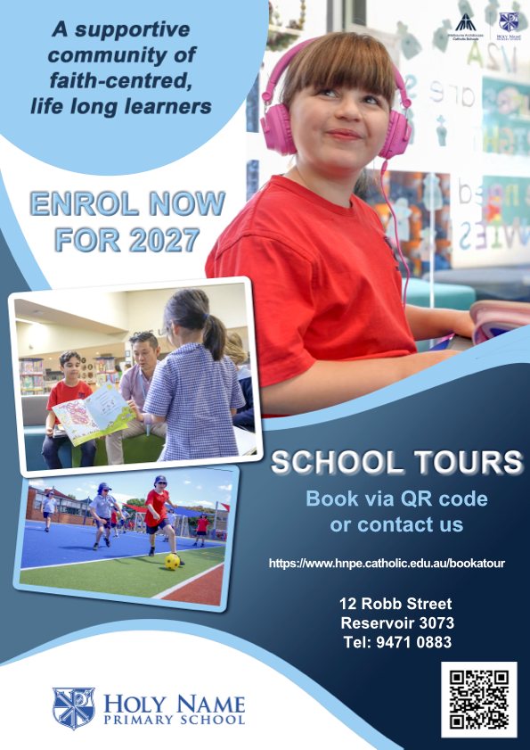 Are you looking for a supportive school for your child in 2027? Will your child be starting Prep in 2027? Have you completed your enrolment form?
Prep 2027 interviews begin on Monday 18th May. If you haven't completed an enrolment form this can be done online at https://www.hnpe.catholic.edu.au/applynow and we’ll take care of the rest!
If you are still unsure or have any other questions, book a school tour with our Principal or contact us at the office.