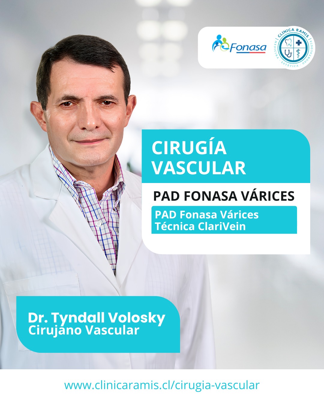 Cirugía de Varices a través del Bono PAD Únicos en la Región
Dr. Tyndall Volosky - Especialista en Flebología
Somos los únicos en la Región de Los Ríos en realizar cirugía de varices a través del Bono PAD Fonasa. Sin esperas. Precio fijo.
Nos complace presentar al Dr. Tyndall Volosky, especialista en Flebología y Cirugía Vascular. El Dr. Volosky llega a Valdivia para revolucionar el tratamiento de varices en nuestra región.
Atiende todas las semanas en nuestra clínica de forma particular y Fonasa.
El Dr. Tyndall Volosky es Médico Cirujano especialista en Flebología y Cirugía Vascular con formación internacional. Es miembro SOCHIFyL. Experiencia en ClariVein, ablación endovenosa, escleroterapia y flebectomía.
La Técnica ClariVein es la tecnología más avanzada en tratamiento de varices. Un catéter vibra dentro de la vena mientras libera una sustancia que la cierra permanentemente. Sin dolor. Sin anestesia complicada. Te vas el mismo día caminando.
Agenda tu hora con el especialista!
Te esperamos en Beauchef 683, Valdivia