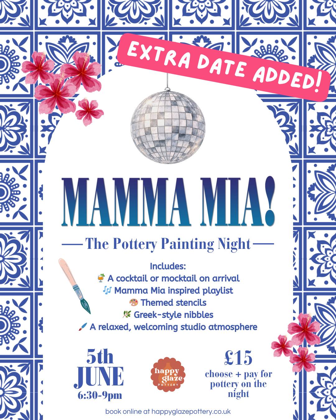 Our first Mamma Mia night SOLD OUT in under 24 hours… 👀✨
So… here we go again 💃
✨ SECOND DATE ADDED ✨
Same feel-good ABBA vibes, cocktails on arrival, Greek-style nibbles, and a relaxed evening painting with your favourite people 🎶🍸🎨
📅 Friday 5th June
🕰️ 6:30pm – 9:00pm
If you missed out the first time, this is your chance 👀
Spaces are limited and we don’t expect this one to hang around either…
👉 Book online now: https://www.happyglazepottery.co.uk/events/mamma-mia-pottery-painting-night-2
Tag your ABBA-loving crew 💃
Please note: this is not a movie night - just a themed playlist and pottery painting experience
#potterypainting
#paintyourownpottery
#girlsnightout
#datenightideas
#creativeevening