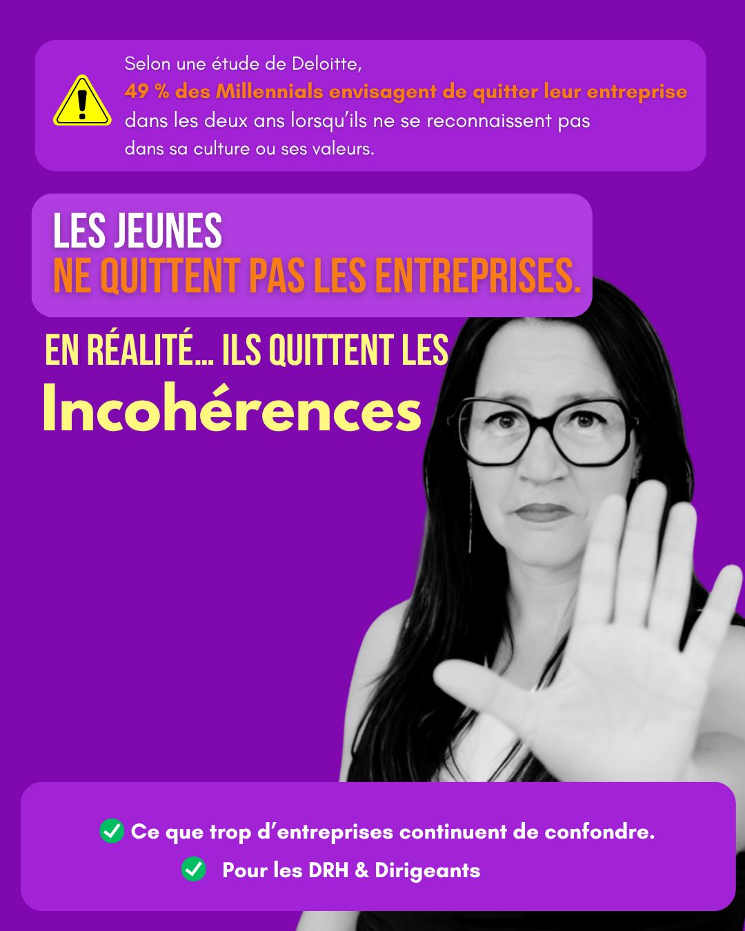 Les jeunes ne quittent pas les entreprises.
Ils quittent les incohérences.
Aujourd’hui, beaucoup d’organisations parlent de :
→ sens
→ autonomie
→ confiance
→ responsabilité
Sur le papier, tout est là.
Pendant un temps,
ça fonctionne.
Puis les premiers signaux apparaissent.
Les signaux sont discrets :
▫️ ironie sur les valeurs
▫️ perte d’enthousiasme
▫️ désengagement progressif
▫️ envie d’ailleurs
Mais ils sont souvent ignorés.
Parce que les résultats
sont encore là.
Puis le système se fissure :
❌ départs rapides
❌ rotation des équipes
❌ perte d’engagement
❌ difficulté à fidéliser
Le problème n’est pas la génération.
Le problème, c’est l’écart entre le discours et la réalité.
Une organisation solide fonctionne autrement.
Elle cherche
la cohérence.
→ entre ce qu’elle dit
→ ce qu’elle fait
→ et ce que vivent les équipes
Chez Tatsucolor, nous travaillons précisément là :
→ faire émerger les tensions invisibles
→ restaurer la confiance
→ développer la capacité d’agir
Parce qu’une organisation qui dure
est une organisation cohérente.
💬 Et vous ?
Vos valeurs sont-elles vraiment vécues… ou seulement affichées ?