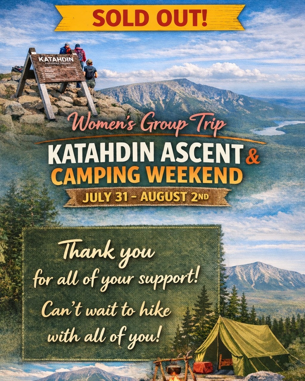 Sold out at this time! Thank you all so much for the incredible support; it truly means the world!
If you’re still looking to get out in Baxter this summer, I’d love to help you plan a private experience. It doesn’t have to be a Katahdin climb either...there are so many amazing places in the park to explore 😉
I also offer custom retreat weekends for groups all over the state. So if you’ve been tossing around ideas in the group chat… let’s make it happen! Reach out and we’ll bring it to life.