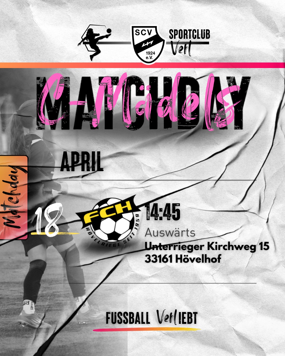 C-Mädels – Auswärts beim FC Hövelriege ⚽🖤🤍
Für unsere C-Mädels steht das nächste Auswärtsspiel an.
Am Samstag geht es zum FC Hövelriege.
Der Gegner spielt ohne Wertung, dennoch wollen unsere Mädels die Partie nutzen, um weiter im Rhythmus zu bleiben und ihr Spiel durchzuziehen. 💪
Das Hinspiel konnten wir mit 7:1 für uns entscheiden – diesmal heißt es wieder: mit Spaß, Einsatz und Teamgeist auftreten. 🔥
📅 Samstag, 18.04.2026
⏰ 14:45 Uhr
📍 Sportplatz am Birkenwald, Hövelhof
Auswärts. Zusammenspiel. Fußball.
#Mädchenfußball #SCVerl #cmädels #FussballVERLiebt #verlplay #Auswärtsspiel #Teamgeist