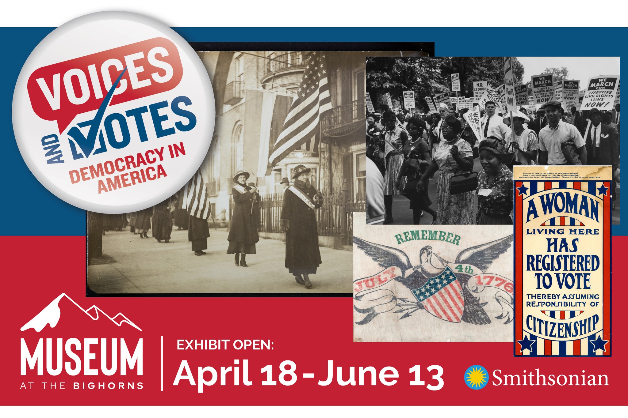 Celebrate the United States Semiquincentennial as the @museumatthebighorns presents Voices and Votes: Democracy in America.
🎙️Presented by the Museum at the Bighorns
📅 On view April 18-June 13, 2026
⏰ Monday through Saturday 10am – 5pm
📍171 N Main St, Sheridan, WY 82801
The Voices and Votes: Democracy in America exhibition examines the nearly 250-year-old American experiment of a government “of, by and for the people,” and how each generation since continues to question how to form “a more perfect union.”
This exhibit has been made possible in Sheridan, Wyoming at the Museum at the Bighorns by the Wyoming State Museum in Cheyenne. This exhibition is part of Museum on Main Street, a unique collaboration between the Smithsonian Institution Traveling Exhibition Service (SITES).
#ThatsWY #VisitSheridan #Sheridan250