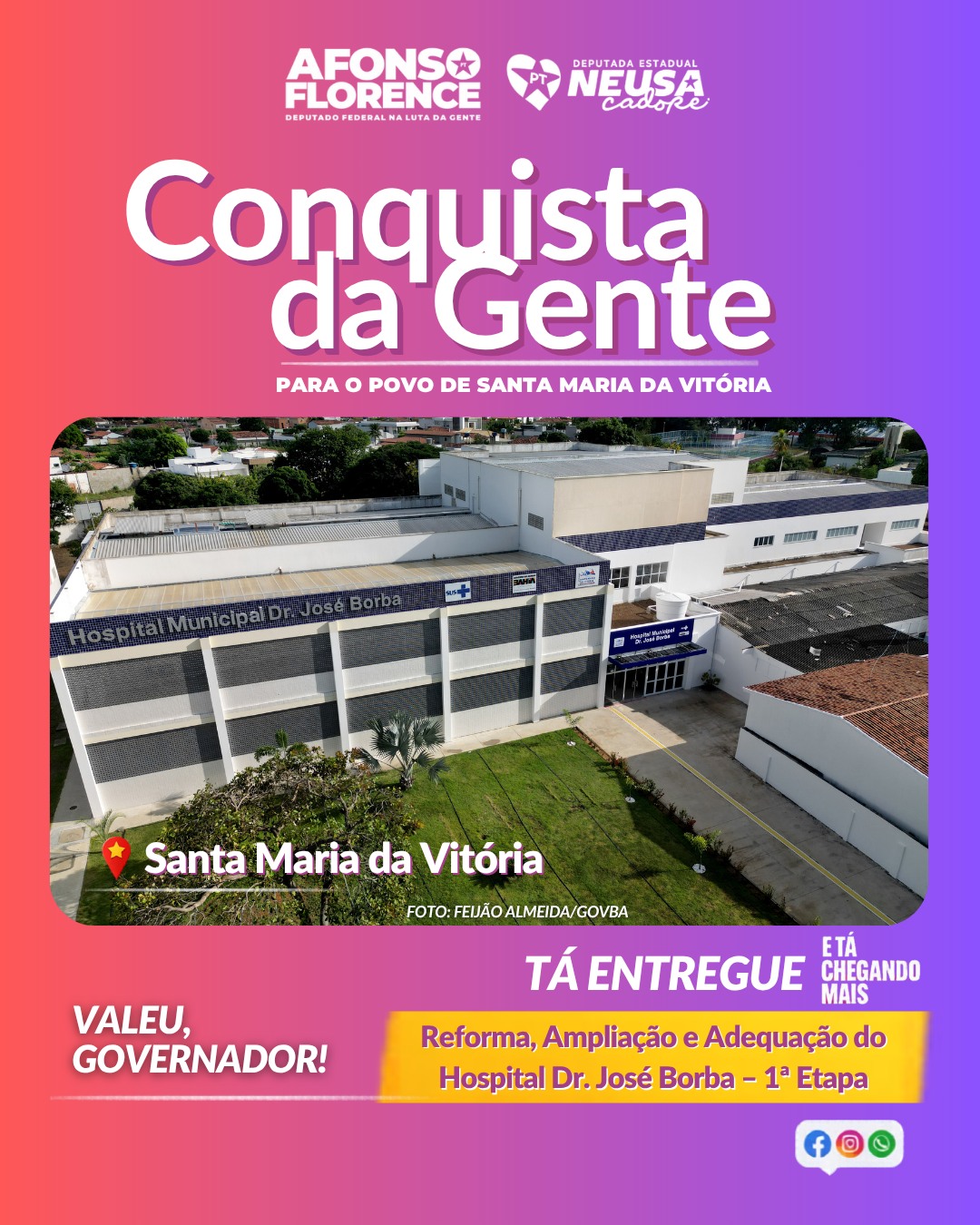 A Reforma, Ampliação e Adequação do Hospital Dr. José Borba – 1ª Etapa é mais uma grande conquista para Santa Maria da Vitória. Mais saúde, mais cuidado e mais investimento para a nossa gente. Obrigada, governador Jerônimo! #NeusaCadore #AfonsoFlorence