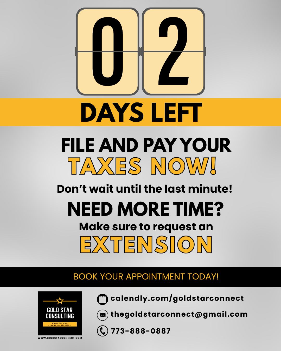 ⏳ Only 2 days left!
Don’t wait until the last minute—file and pay your taxes NOW to avoid penalties and stress. ✔️
Need more time? We’ve got you covered. Request an extension the right way and stay compliant.
👉 Schedule your appointment today!
#TaxDeadline #FileYourTaxes #TaxSeason #TaxHelp #Extension #SmallBusinessSupport #TaxTips #FinancialServices #GoldStarConsultingChicago