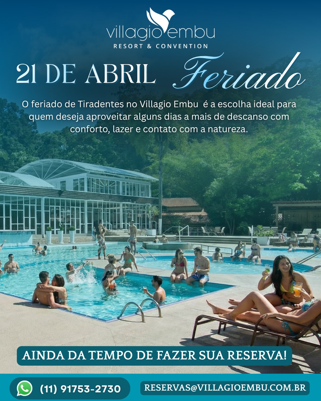 🌿 Que tal transformar o feriado de Tiradentes em uma pausa prolongada?
Neste ano, o feriado cai na terça-feira… a oportunidade perfeita para emendar e aproveitar mais tempo de descanso, longe da correria do dia a dia.
No Villagio Embu, você encontra o cenário ideal para isso: contato com a natureza, tranquilidade, recreação para as crianças e atividades para toda a família. Tudo isso bem pertinho de você.
Um convite para desacelerar, respirar e aproveitar momentos que realmente importam.
Ainda dá tempo de fazer sua reserva!
#VillagioEmbu #FeriadoDeTiradentes #Feriado #Descanso #Natureza #ViagemEmFamilia #TurismoSP #EmbuDasArtes #Feriadao