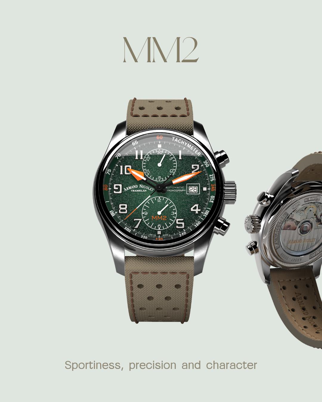 Sporty lines, a mechanical soul and the precision of a chronograph.
The MM2-43 Chronograph interprets time with character and dynamism, combining the charm of Swiss watchmaking with a design made for those who appreciate distinctive style.
Discover the MM2-43 Chronograph on our official e commerce.