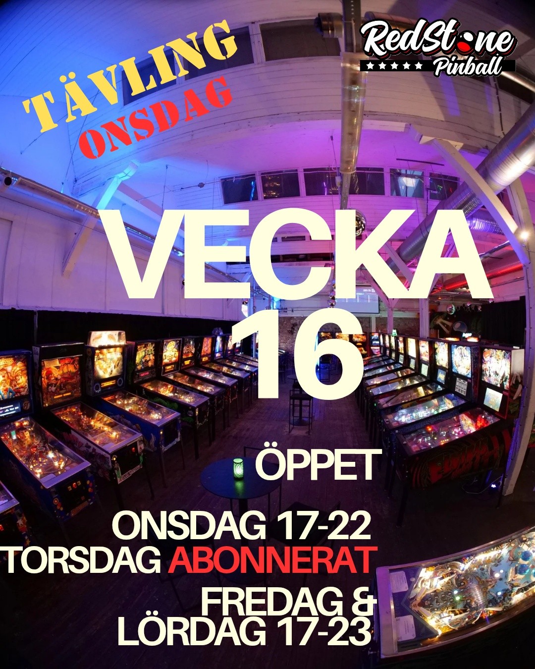 Vecka sexton har vi öppet onsdag, fredag och lördag som vanligt, men torsdag är det abonnerat 🔴
Onsdag 17-22 (tävling vid 19 ingår om man vill tävla)
Torsdag STÄNGT / ABONNERAT
Fredag 17-23
Lördag 17-23
Vill ni spela Medieval Madness, Stranger Things, ABBA, Venom, Metallica Remake, The Walking Dead Remastered eller runt 50 andra flipperspel från 1978 till 2025, och ett 20-tal olika arkadspel som OutRun 2, Sprint 2, Guitar Hero, 🍻 Ice Cold Beer 🍺 och andra, så kom och besök oss 🕹
Inträde:
250 kr vuxen (175 kr ungdom)
150 kr från 20-22 på onsdag / torsdag och 21-23 på fredag / lördag.
150 kr/h prova-på-pris – närsomhelst!
På fredagar kör vi Happy Hour / AW mellan 17 och 19 med schyssta priser på mat och dryck 🍕🍺
Spelen står på frispel! Bara att spela, spela, spela! Kanske med lite avbrott för mat, dryck och trevligt häng 👾🕹️🛸🚀
Vi har pizza, grillmackor med mera och fullständiga rättigheter på menyn 🍕🍻🎉
Varmt välkomna till oss på Sockerbruket 22 vid Röda Sten – där vi levererar spänning, skratt, umgänge och spelglädje! 🔴🍻🪩🎉
PS – Behöver du en plats för AW, kickoff, produktrelease, kalas eller kanske en avtackning? Vi hyr även ut våra flipperspel och arkadspel till kontor och event. Hör av dig så fixar vi ett riktigt party, oavsett anledning och plats! 🕹️