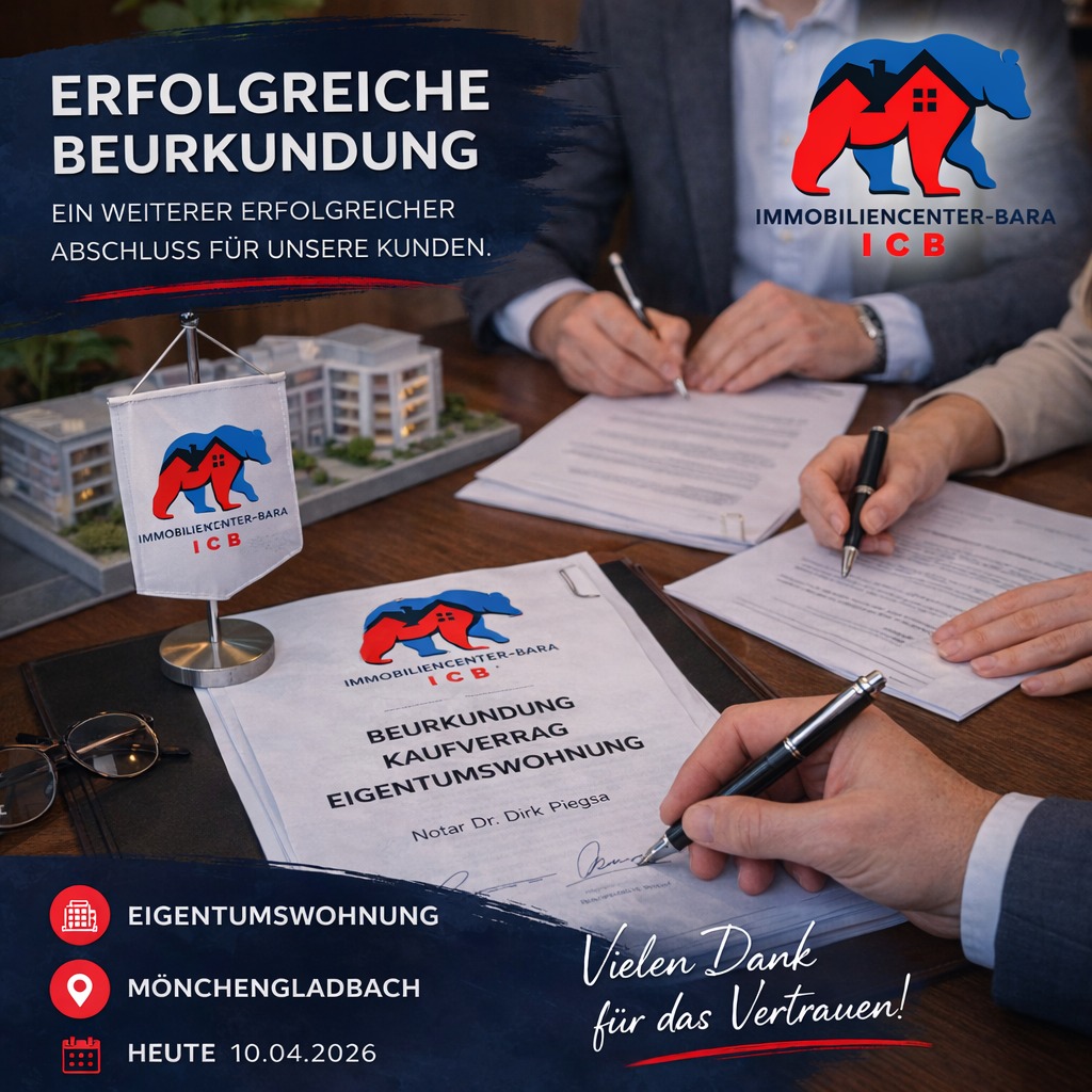 ✍️ Erfolgreiche Beurkundung!
Heute wurde eine weitere Eigentumswohnung erfolgreich beurkundet.
📍 Mönchengladbach
Wir bedanken uns für das Vertrauen und wünschen den neuen Eigentümern alles Gute für die Zukunft. 🏡
Ihr Partner für Immobilien
mit Herz, Verstand und Teamgeist.
ICB Immocenter Bara
#immobilien #immobilienmakler #mönchengladbach #eigentumswohnung
#notartermin #hauskauf #wohnungskauf #immobilienverkauf
#icbbara #immocenterbara #maklermönchengladbach