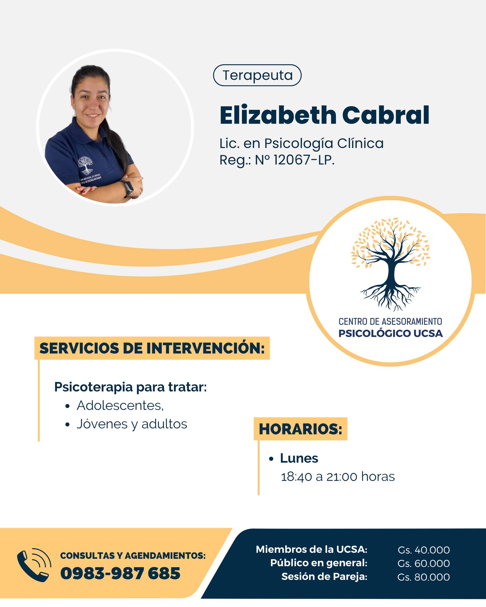 ¡Centro de Asesoramiento Psicológico de la UCSA!
Comprometidos con tu bienestar 🧠💙
La Lic. Elizabeth Cabral te acompaña con un espacio de escucha y orientación profesional.
✔ Psicoterapia para adolescentes, jóvenes y adultos
🕒 Lunes de 18:40 a 21:00 horas
📲 Información y agendamientos: 0983-987 685
#UCSA El futuro está en tus manos 🙌