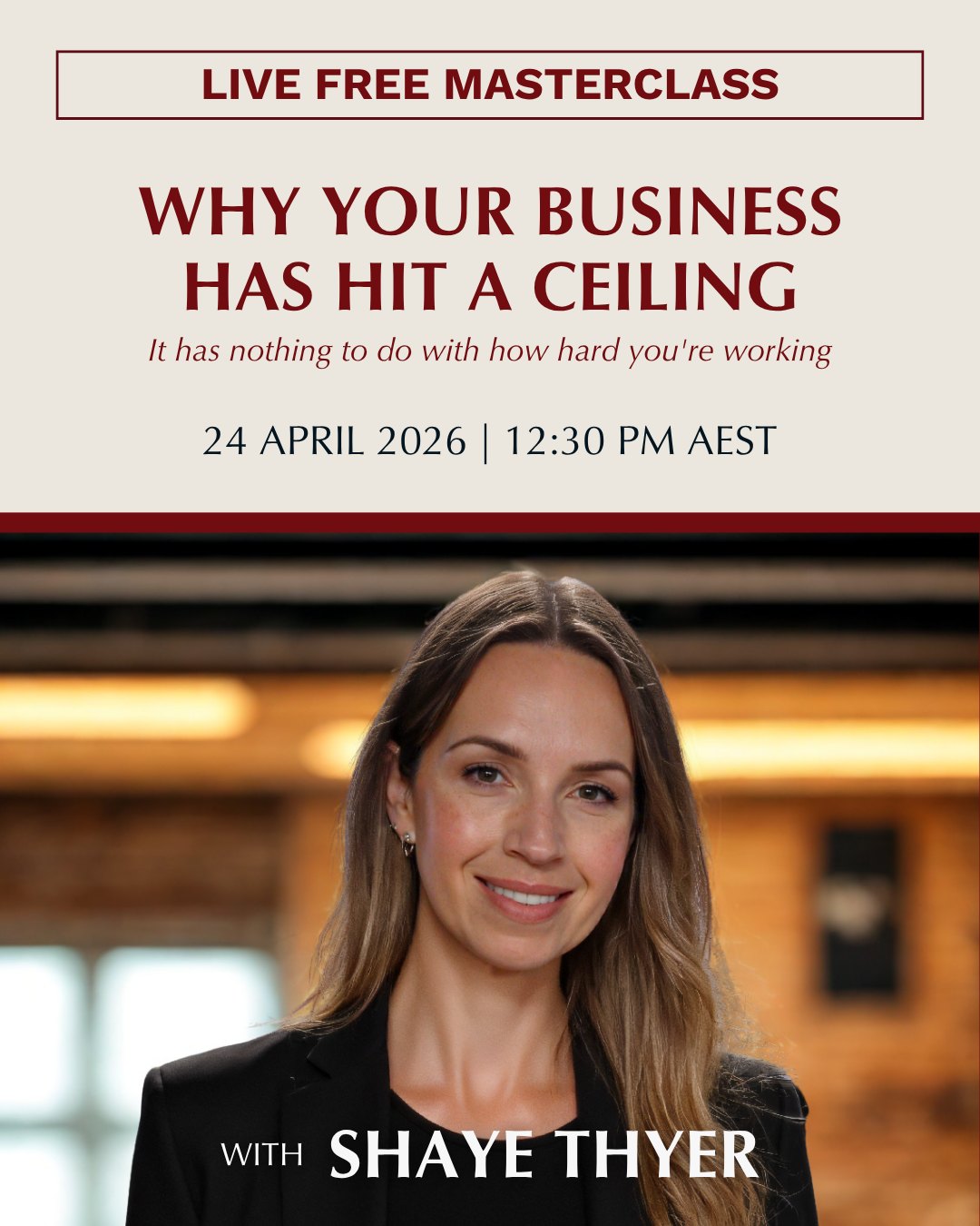 I'm packaging up what I advise big businesses into a FREE masterclass for women-led service businesses who want to scale.
I'm excited to announce that I'll be holding 'Why Your Business Has Hit A Ceiling' on Friday 24 April. You can build a business that looks successful from every external measure and still feel like you're holding your breath.
This is the masterclass that will walk you through the operating model, financial structures, and identity shifts needed to scale your business to $500K+.
At the end of the session, you'll walk away knowing how to:
- Keep your expenses steady when your revenue starts to accelerate
- Protect your profit margins, even when you need to upgrade your systems, structures and team
- Grow cash flow so you feel secure even as you scale and your business becomes more complex
You'll leave with a clear picture of why your business is stuck, what's actually causing it, and what the path to consistent $50k months and F*ck You Money looks like in practice, without working into the early hours of the morning.
Link in my BIO to register