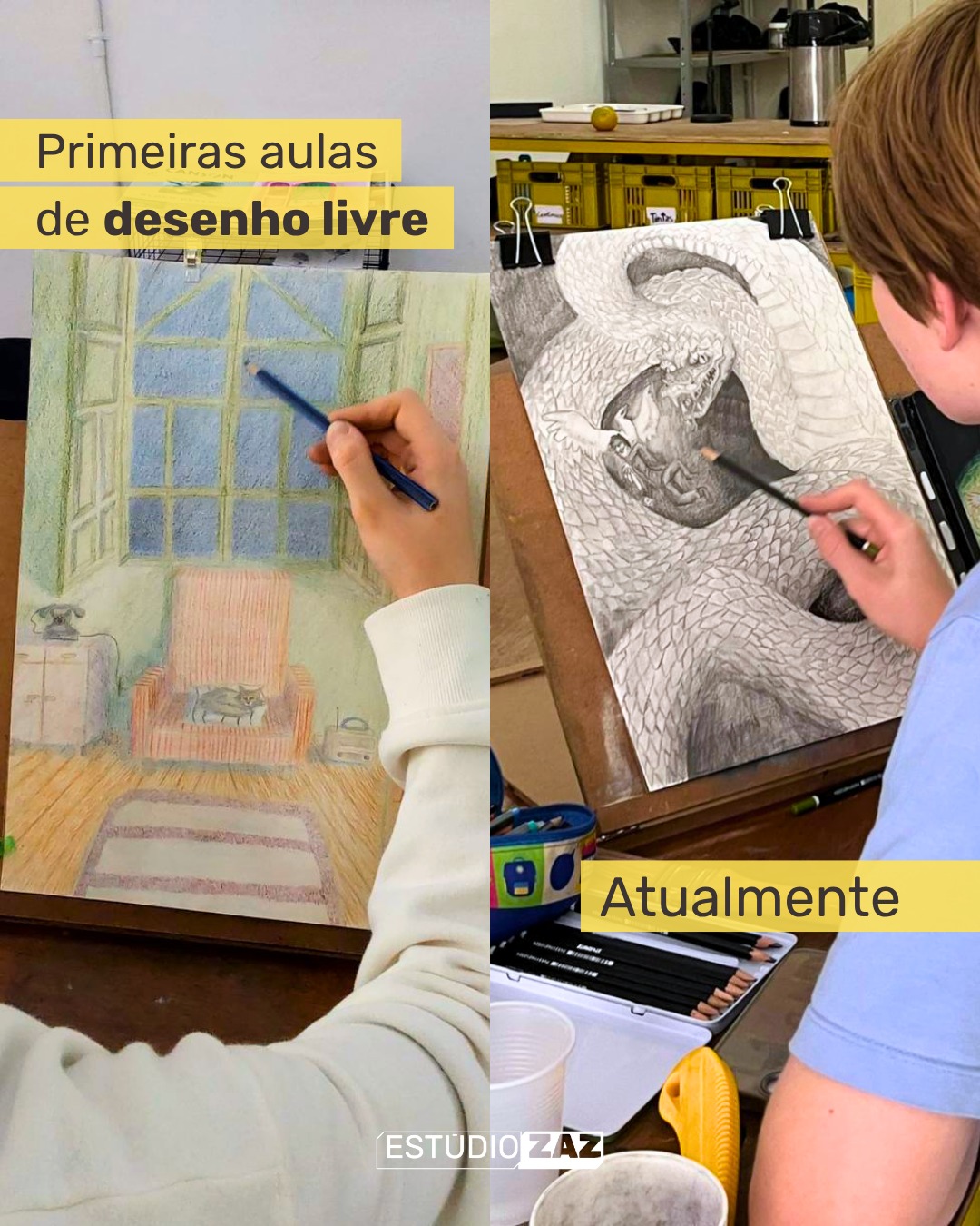 O talento não cai do céu, ele é construído toda semana aqui nas mesas do ZAZ. Orgulho dessa evolução! 🚀
Somos um ateliê educativo, localizados na cidade de Pelotas/RS. Oferecemos aulas de cerâmica, pintura, desenho e aquarela.
#arte #artista #atelie #auladearte #pelotas