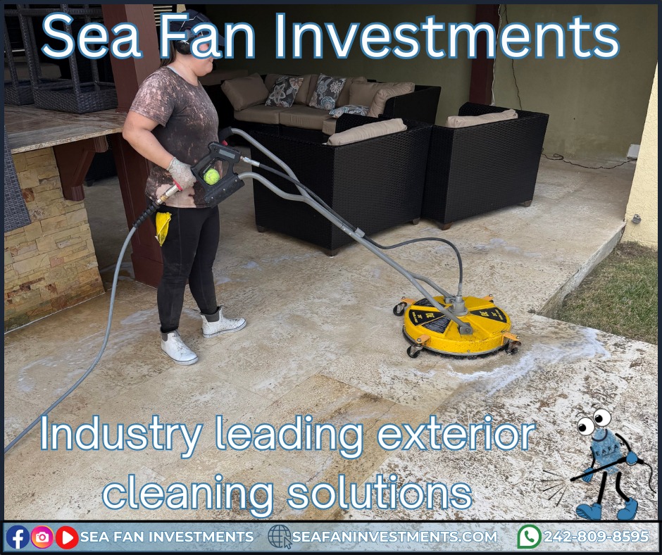 Sea Fan Investments tailor our approach to the surface we are cleaning. We use different pressures, nozzles, and chemicals when cleaning. For example, the pressure used to clean concrete may damage stone. That attention to detail is what separates old fashioned amateur pressure washing from exterior cleaning professionalism.
Want to learn more? Check out our blog on pressure washing:
https://www.seafaninvestments.com/post/what-is-pressure-washing
We don't just pressure clean! We are your soft washing professionals and provide complete exterior cleaning solutions! Concrete cleaning, house washing, roof cleaning, driveways, windows, decks, docks, pool surrounds, patios, surface sealing, paver restoration, and much more.
We have cleaned homes of all sizes, multi family properties, businesses, school campuses, churches, gas stations, apartment complexes, and manufacturing facilities. Big or small, we've cleaned it all. What can we clean for you?
We are always looking for ways to help you manage and maintain your investment.
We service Freeport, Grand Bahama 🇧🇸🇧🇸🇧🇸 and cater to all your property management needs.
Visit our website https://www.seafaninvestments.com/
Check us out on Google https://maps.app.goo.gl/FtLupz7nk7yhbf917
Follow us on Facebook https://www.facebook.com/SeaFanInvestments
Follow us on Instagram https://www.instagram.com/seafaninvestments/
Watch and subscribe to us on YouTube
https://www.youtube.com/channel/UCNAsDyoYIpteVf6pDe5iCQw
#pressurewashing #softwashing #roofcleaning #housewash #deckcleaning #DockCleaning #seafaninvestments #guttercleaning #drivewaycleaning #concretecleaning #soffitcleaning #sealing #stuccocleaning #poolsurroundcleaning #brickcleaning #stonecleaning #commercialroofcleaning #paversealing #dumpstercleaning #woodcleaning #oilremoval #oxidizationremoval #rusttreatment #graffitiremoval #windowcleaning #commercialcleaning #parkinglotcleaning #patiocleaning #pressurewashinggrandbahama #pressurecleaningfreeportbahama