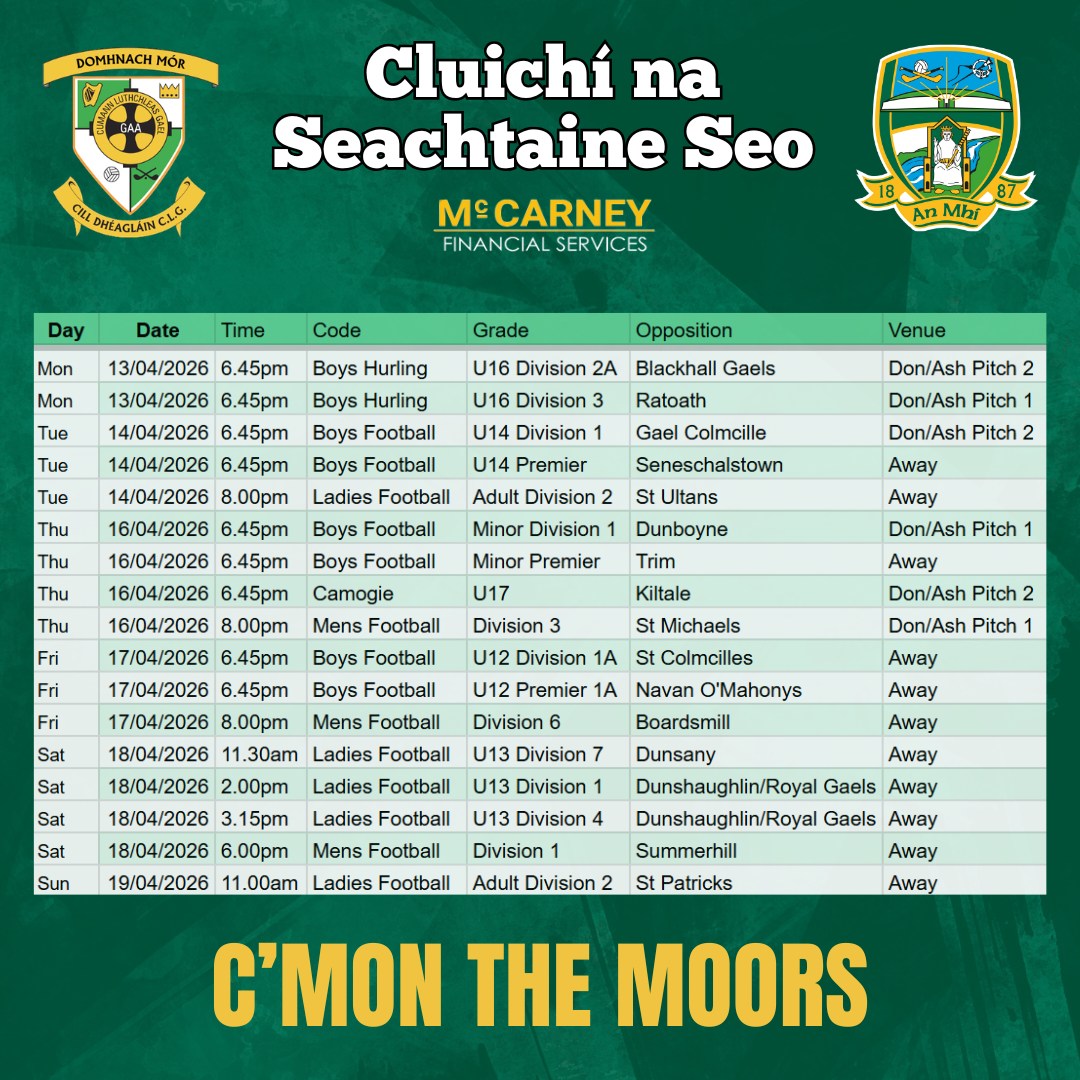 Cluichí na Seachtaine seo 🏐
Make sure you get out in your club colours to support our teams!
Domhnach Mór Abú 🟢⚪️