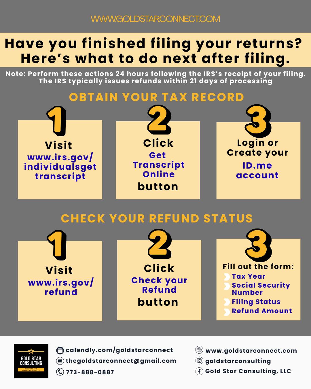 📣 Tax season may be over, but your financial journey doesn’t stop here! 📣
Now that your 2025 income tax return is filed, it’s time to stay on top of what’s next — monitor your refund, review your tax records, and keep your financial plans moving forward.
Still waiting on that refund? 💰 A little patience goes a long way — and when it arrives, make it count with smart spending or saving decisions.
Your next financial goal starts today.
#PostTaxSeason #TaxDoneRight #FinancialFreedom #MoneyMatters #SmartMoneyMoves #FinancialPlanning #TaxRefund2025 #FinancialGoals #GoldStarConsultingChicago