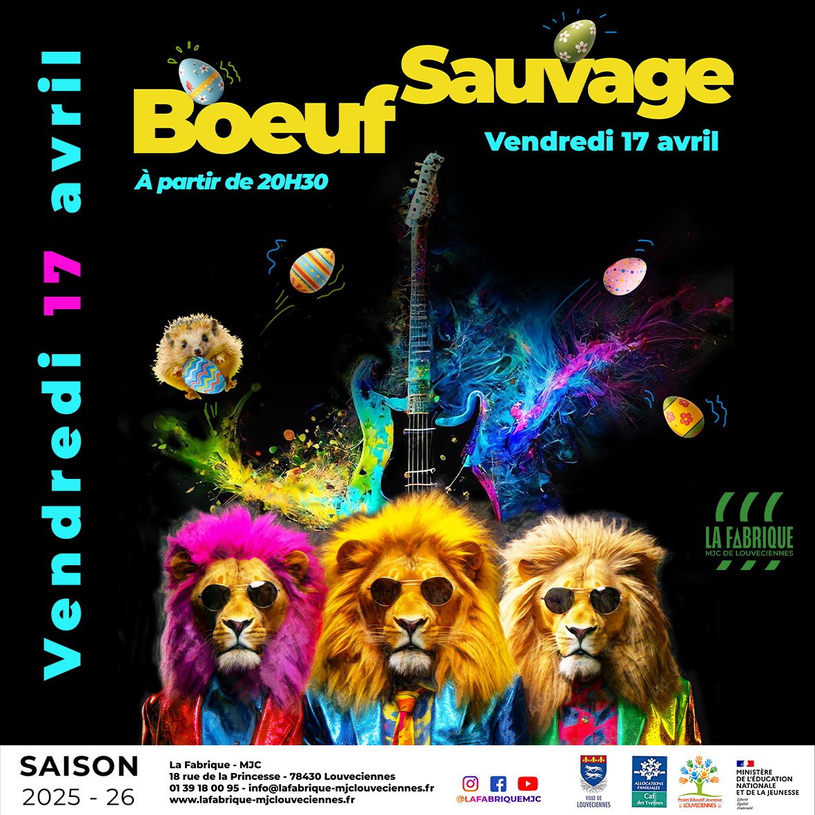 🎸CETTE SEMAINE A LA FABRIQUE MJC🎸
⭐BOEUF SAUVAGE⭐
Vendredi 17 avril, à partir de 20h30
Le retour de la jam session de Louveciennes ! Musiciens ou non, venez pour monter sur scène ou apprécier de la bonne musique en live.
Ados/adultes - Gratuit - Entrée libre
🪘SEMAINE DE JEU COLLECTIF🪘
Du mardi 14 au vendredi 17 avril
Cette semaine, à la place de leurs cours habituels, les élèves
musiciennes et musiciens de la Fabrique viennent s'entraîner au jeu en
groupe accompagnés par l'équipe de profs. Le rendez-vous est donné
sur la scène de la Grande Salle !
Adhérents musique de la Fabrique - Gratuit - Entrée libre