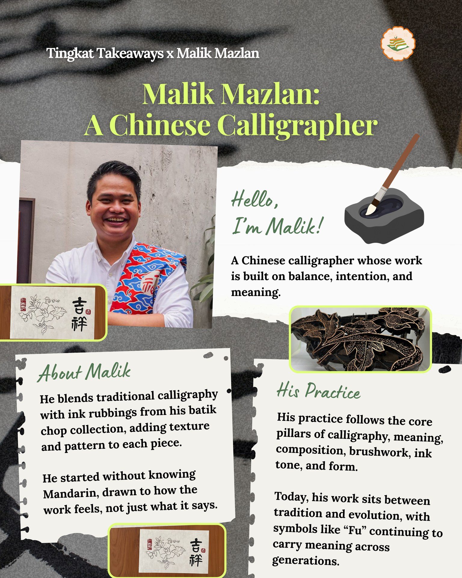 Malik Mazlan got into calligraphy before he even understood the language behind it.
What drew him in was the movement, balance, and feeling in every stroke. He followed that curiosity and made it his own. Today, he mixes traditional Chinese calligraphy with textures from his batik chop collection, creating pieces that feel rooted in heritage but fresh at the same time.
His work shows that tradition can keep moving, changing, and reaching new hands.
#TingkatTakeaways #MalikMazlan #SingaporeArt #ChineseCalligraphy #HeritageInMotion #LocalArtists #ArtWithMeaning #SingaporeCulture
