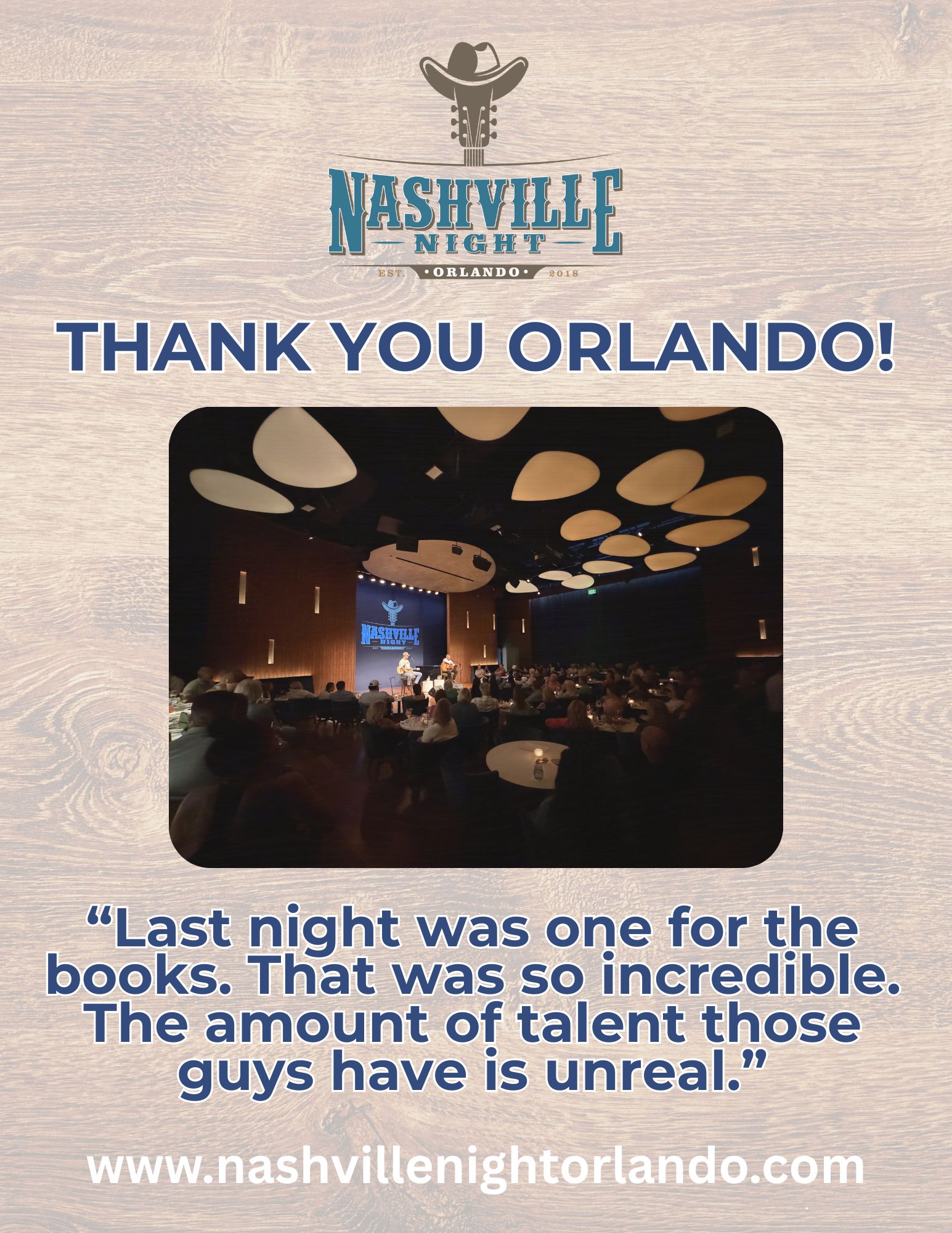 What a weekend at Nashville Night In Orlando!
To the crowd, THANK YOU. The way you show up, listen, laugh, and truly appreciate the stories behind the songs is what makes these nights so special. There’s nothing like a room full of people who respect the craft and connect with the music on a real level.
We’re beyond grateful for every single one of you. Can’t wait to do it again on May 7, 8 and 9th.
Tickets go live Thursday at 10am!