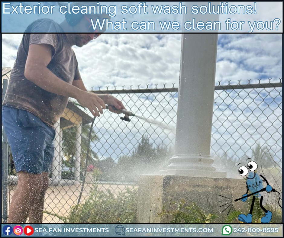 House washing is about more than just blasting away with a pressure washer. Sea Fan Investments provides the detail and experience necessary to clean the largest structures in Freeport.
Want to learn more? Check out our blog on house washing:
https://www.seafaninvestments.com/post/what-is-a-house-wash
We don't just pressure clean! We are your soft washing professionals and provide complete exterior cleaning solutions! Concrete cleaning, house washing, roof cleaning, driveways, windows, decks, docks, pool surrounds, patios, surface sealing, paver restoration, and much more.
We have cleaned homes of all sizes, multi family properties, businesses, school campuses, churches, gas stations, apartment complexes, and manufacturing facilities. Big or small, we've cleaned it all. What can we clean for you?
We are always looking for ways to help you manage and maintain your investment.
We service Freeport, Grand Bahama π§πΈπ§πΈπ§πΈ and cater to all your property management needs.
Visit our website https://www.seafaninvestments.com/
Check us out on Google https://maps.app.goo.gl/FtLupz7nk7yhbf917
Follow us on Facebook https://www.facebook.com/SeaFanInvestments
Follow us on Instagram https://www.instagram.com/seafaninvestments/
Watch and subscribe to us on YouTube
https://www.youtube.com/channel/UCNAsDyoYIpteVf6pDe5iCQw
#pressurewashing #softwashing #roofcleaning #housewash #deckcleaning #DockCleaning #seafaninvestments #guttercleaning #drivewaycleaning #concretecleaning #soffitcleaning #sealing #stuccocleaning #poolsurroundcleaning #brickcleaning #stonecleaning #commercialroofcleaning #paversealing #dumpstercleaning #woodcleaning #oilremoval #oxidizationremoval #rusttreatment #graffitiremoval #windowcleaning #commercialcleaning #parkinglotcleaning #patiocleaning #pressurewashinggrandbahama #pressurecleaningfreeportbahama