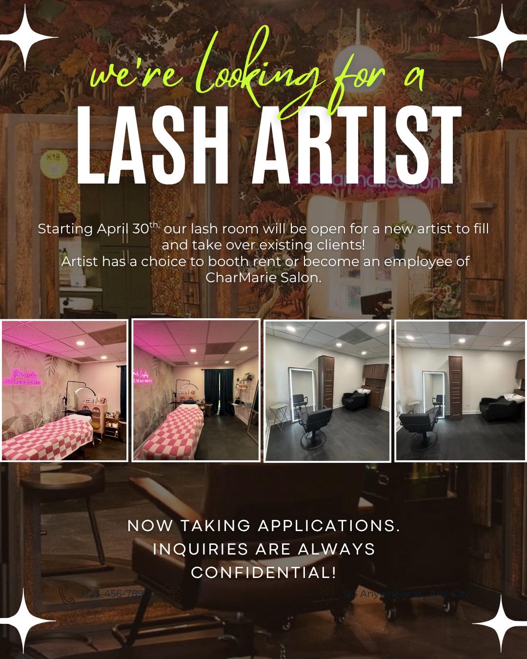 Hey lash lovers!
Ana will no longer be at CharMarie Salon as of April 30th. We will be reaching out to clients who are currently scheduled so to ensure they’re updated!
At this time we are looking to hire a lash artist. We have a private suite available if booth rental is preferred or would happily welcome an employee who has a passion for beauty, is looking to grow their clientele, and wants to be a part of a busy salon! We have everything equipment wise needed.
We would love to be able to continue doing lashes but the room can also function as a hair suite and comes with high end equipment. If you’re interested, don’t hesitate to reach out with questions.
Inquiries are always confidential!