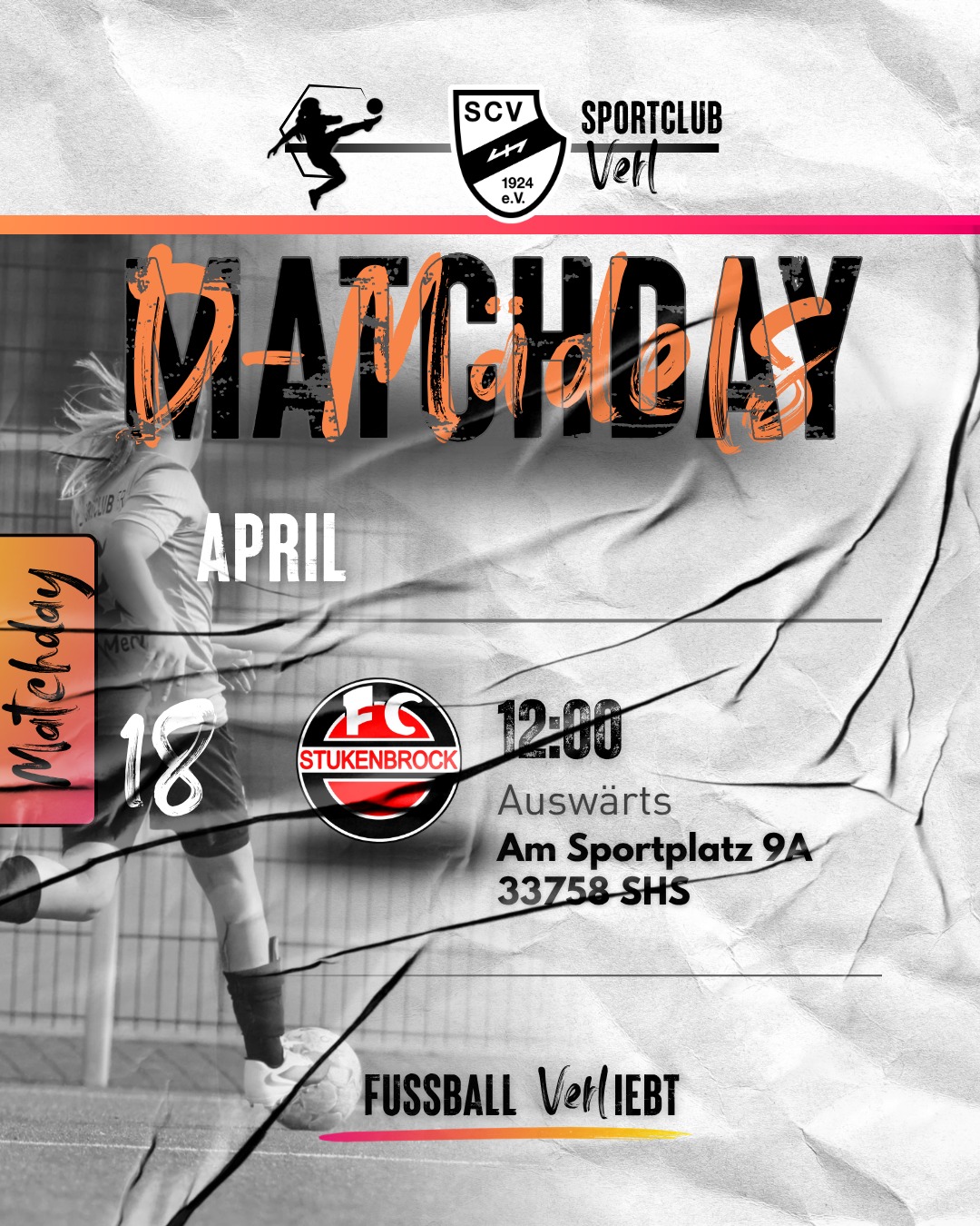 D-Mädels – Auswärts beim FC Stukenbrock ⚽🖤🤍
Für unsere D-Mädels geht es am Samstag zum FC Stukenbrock.
Das Hinspiel konnten wir mit 8:1 für uns entscheiden – daran wollen die Mädels anknüpfen und auch auswärts wieder mit viel Energie auftreten. 💪
Aktuell stehen wir auf Platz 4 der Tabelle und wollen weiter dranbleiben.
Klar ist: wieder mit Spaß, Einsatz und als Team alles reinwerfen. 🔥
📅 Samstag, 18.04.2026
⏰ 12:00 Uhr
📍 Sportstätte Kruskotten, Schloß Holte-Stukenbrock
Auswärts. Zusammen. Fußball.
#Mädchenfußball #SCVerl #dmädels #FussballVERLiebt #verlplay #Auswärtsspiel #Teamgeist