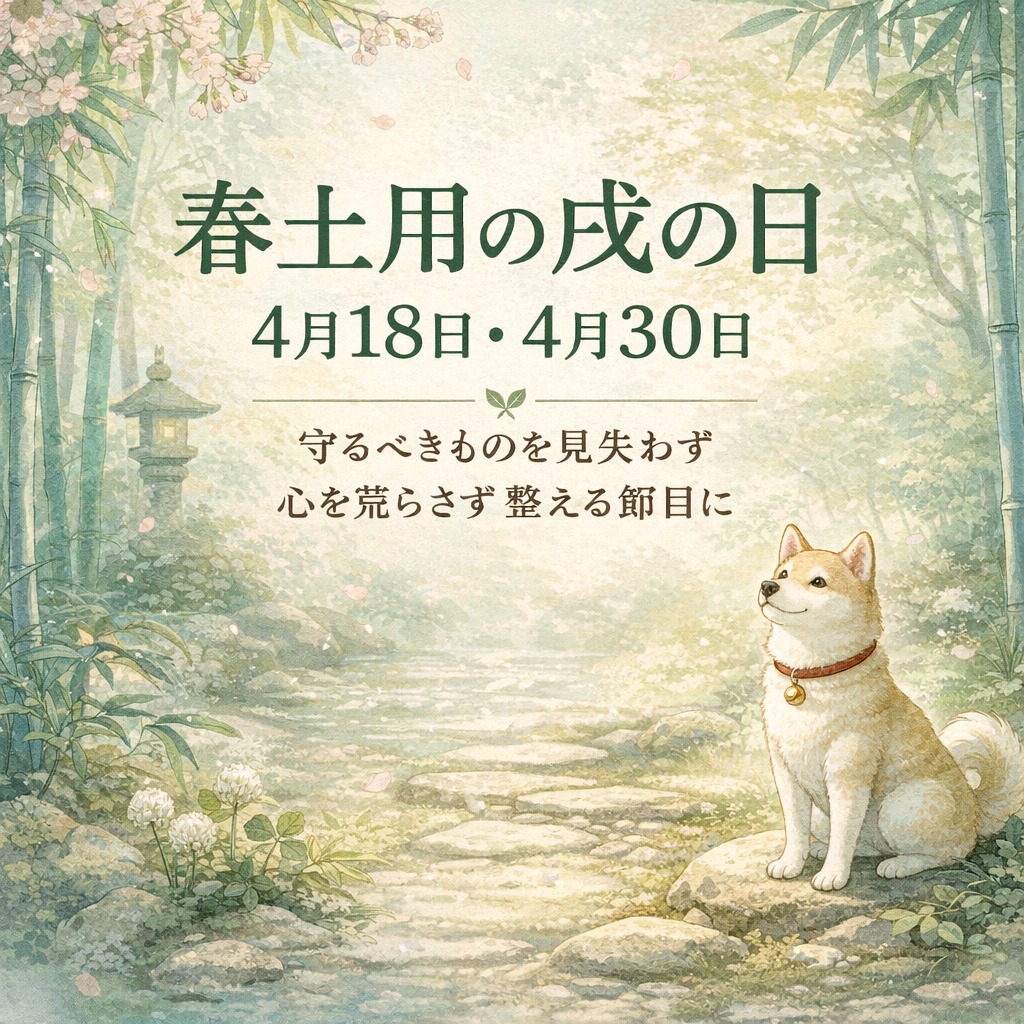 【春土用の戌の日】
春土用の期間中には、戌の日が二度巡ってきます。
2026年は、4月18日と4月30日がその日に当たります。
戌の日は、日の十二支が戌に当たる日で、古くから安産祈願でもよく知られてきました。
犬は多産でありながらお産が軽いとされることから、無事を願い、守るべきものを守る日に重ねて受け止められてきた節目でもあります。
ただ、春土用の中で迎える戌の日は、単に縁起の良い日として受け取るだけでは足りません。
土用の時期は、季節の変わり目ゆえに、気の揺らぎや心身の乱れが表に出やすい時でもあります。
だからこそ、この二度の戌の日は、何かを強く押し進めるよりも、守ること、整えること、荒れを広げないことに意識を向けたい節目です。
人は、疲れている時ほど、外側の出来事に心を奪われやすくなります。
相手の言葉に揺さぶられたり、思うように進まない現実に気持ちを重くしたりして、本来守るべき自分の内側を後回しにしてしまうことがあります。
けれど、本当に守るべきものは、目に見える結果だけではありません。
心の静けさ。
日々の暮らしのリズム。
荒れた言葉に引きずられない受け止め方。
そうした見えない部分が崩れると、外側の流れもまた不安定になります。
戌の日が示すのは、ただ守られることではなく、守る姿勢を正すことでもあります。
不安をあおる方へ進むのではなく、少しでも心を静める方へ向かうこと。
気持ちを荒らすものに飲まれず、足元を整えながら過ごすこと。
それが、春土用の戌の日をよく生かす心得になります。
4月18日、そして4月30日。
この二つの戌の日を、守るべきものを見失わず、外に振り回されすぎず、自分の内側を穏やかに保つ節目として過ごしていただけたらと思います。
人生相談 空~ku
#戌の日
#春の土用
#4月18日
#4月30日
#守る
#見えない部分を整える
#時流
#人生相談
#柏市
#人生相談空