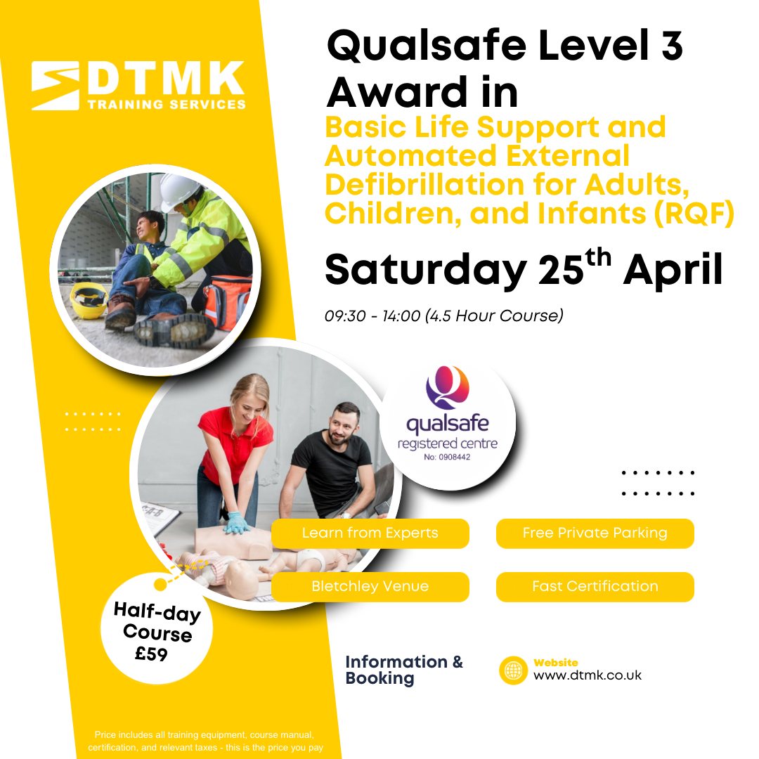 Final few places remaining… This is one of our most popular Saturday morning courses!!!
The Qualsafe Level 3 Award in Basic Life Support and Automated External Defibrillation for Adults, Children, and Infants (RQF) is running on Saturday 25th April (09:30 – 14:00) here in West Bletchley (MK3), and we’re nearly full.
This is a practical, hands on course designed to give you the confidence to act in a real emergency. No previous experience needed.
You’ll cover:
• Adult, child, and infant basic life support
• Safe and effective use of a defibrillator
• Realistic emergency scenarios
• What to actually do when it matters
Training is delivered in line with the 2025 Resuscitation Council (UK) guidelines, using Laerdal QCPR digital feedback manikins so you can see exactly how you’re performing in real time. We also use a full range of manikins covering different ages and body types to keep things as realistic as possible. Books, Training Equipment, and e-Certification is all included.
💷 £59 per person
📍 West Bletchley venue with free parking
📘 Includes all training materials, course book, and e-certification
If you’ve been thinking about doing a first aid course, this is a great place to start.
Message us now or book online before the last spaces go.
🌐 https://training.dtmk.co.uk
📧 enquiries@dtmk.co.uk
📞 01908 112111
#BystandersToLifesavers #NobodyLeftWithoutCare #PreparedPeople #SaferWorkplaces #StrongerFamilies #DTMK #FirstAid #FirstAidTraining #MiltonKeynes #Buckinghamshire #Bedfordshire #Northamptonshire #Oxfordshire