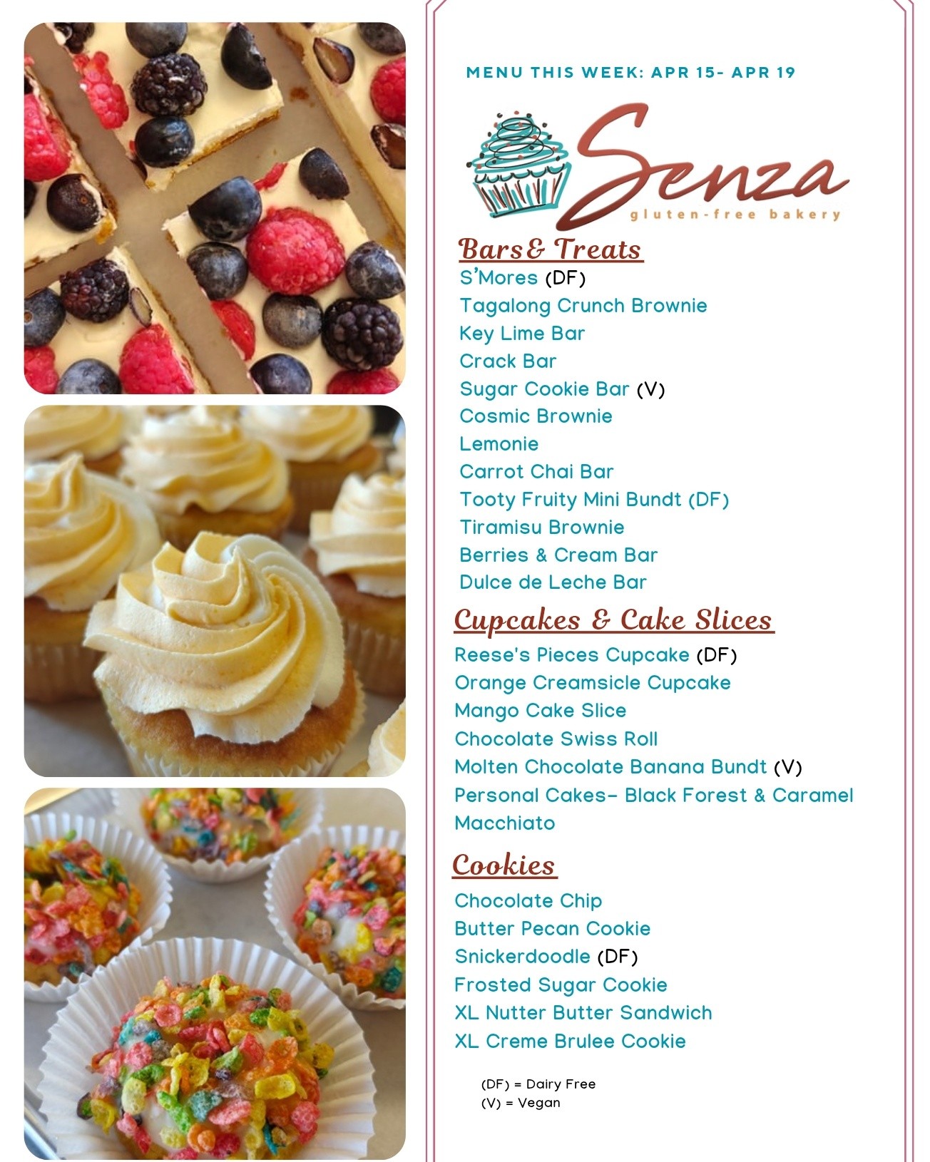 📋 This Week’s Gluten-Free Menu is HERE! 💫
Everything is 100% gluten-free and baked with love. Come grab your favorites while they last!