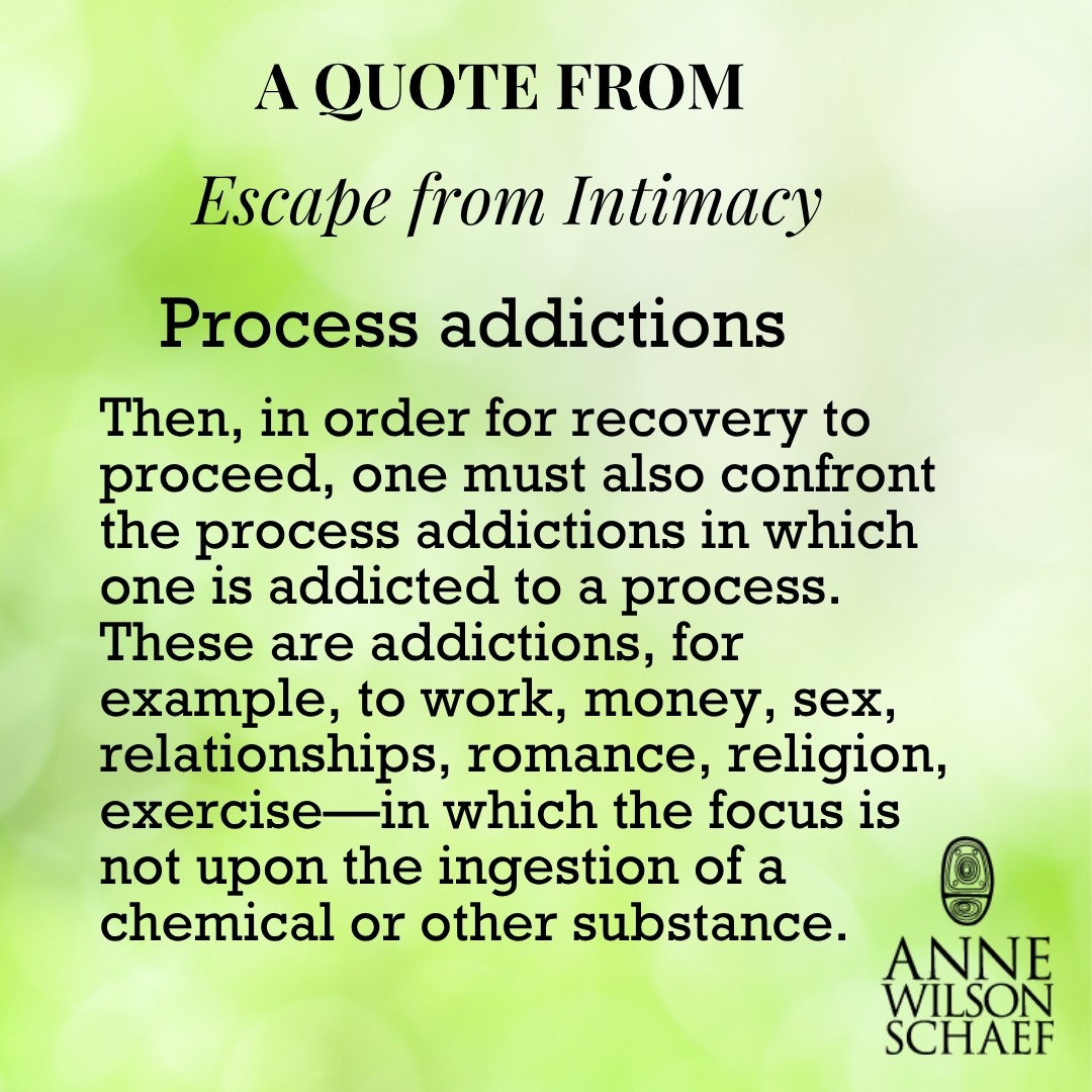 "Then, in order for recovery to proceed, one must also confront the process addictions in which one is addicted to a process. These are addictions, for example, to work, money, sex, relationships, romance, religion, exercise — in which the focus is not upon the ingestion of a chemical or other substance." #RecoveryJourney #addiction #processaddictions