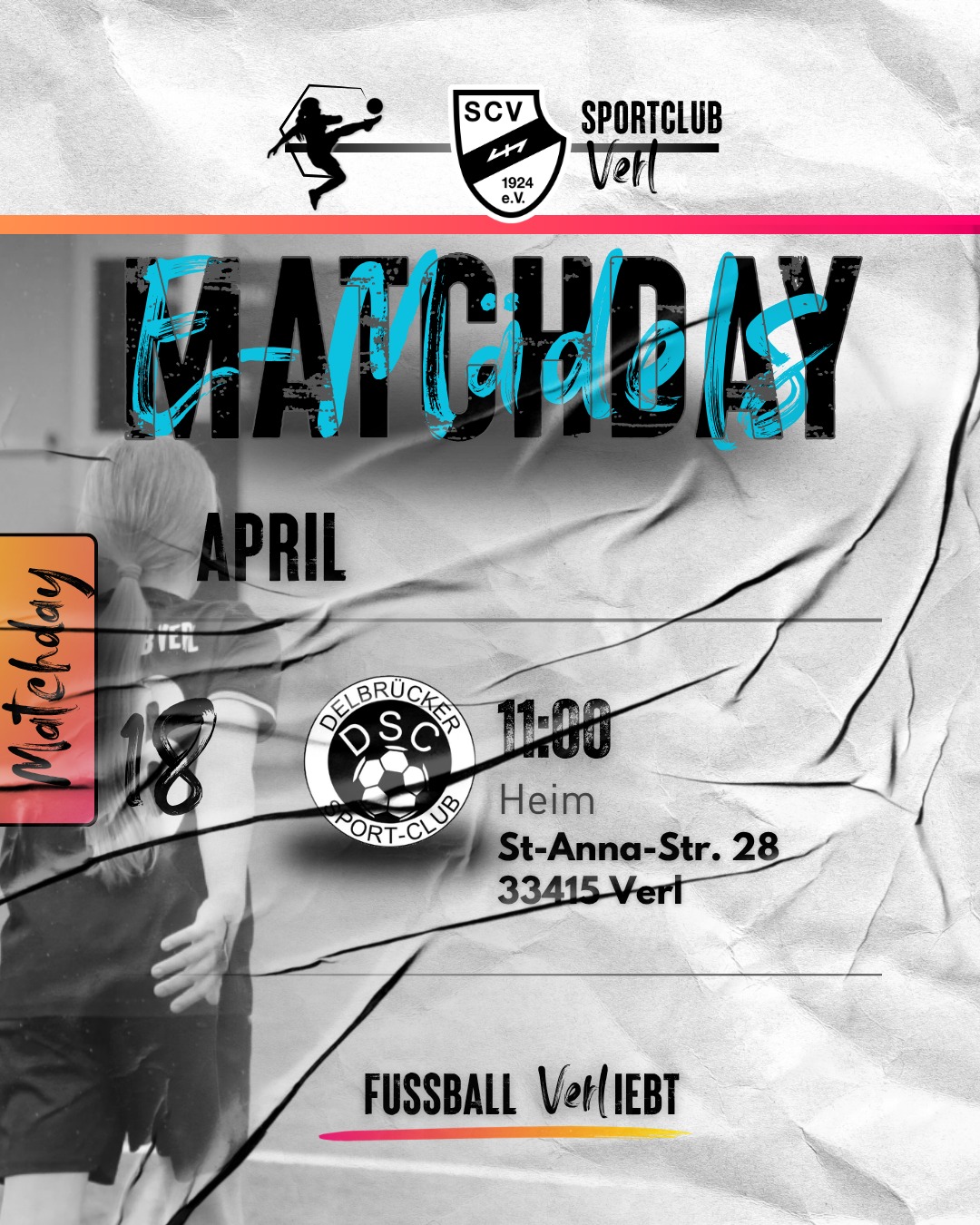 E-Mädels – Heimspiel gegen Delbrücker SC ⚽🖤🤍
Topspiel für unsere E-Mädels – und das bei uns in Verl!
Am Samstag geht es gegen den Delbrücker SC, aktuell Tabellenführer.
Wir stehen direkt dahinter auf Platz 2 – es ist alles angerichtet für ein echtes Spitzenspiel. 🔥
Das Hinspiel ging deutlich an Delbrück – diesmal wollen unsere Mädels zeigen, was in ihnen steckt.
Revanche im Kopf, aber vor allem: Bock auf Fußball und gemeinsam alles reinwerfen. 💪⚽
📅 Samstag, 18.04.2026
⏰ 11:00 Uhr
📍 Kunstrasen Gesamtschule, Verl
Heimspiel. Verl. Spitzenspiel.
#Mädchenfußball #SCVerl #emädels #FussballVERLiebt #verlplay #Heimspiel #Verl #Teamgeist