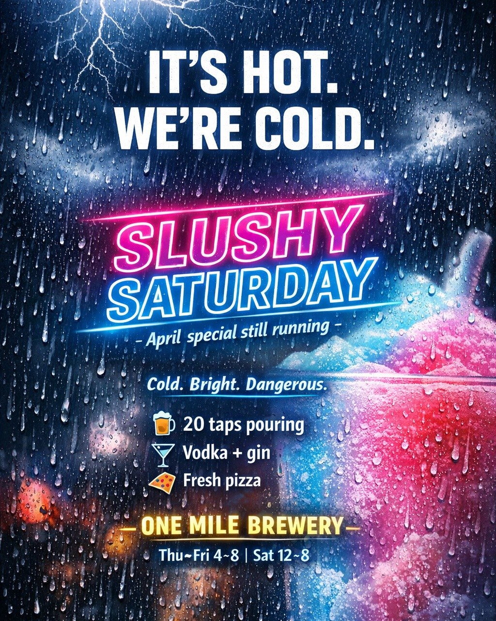 🌧️DARWIN WET SEASON MODE🌧️
IT’S HOT.
WE’RE COLD.
🍧 SLUSHY SATURDAY
April special still running
💧 Cold. Bright. Dangerous.
🍺 20 taps pouring
🍸 Vodka + gin
🍕 Fresh pizza
📍 ONE MILE BREWERY
🕒 Thu–Fri 4–8 | Sat 12–8