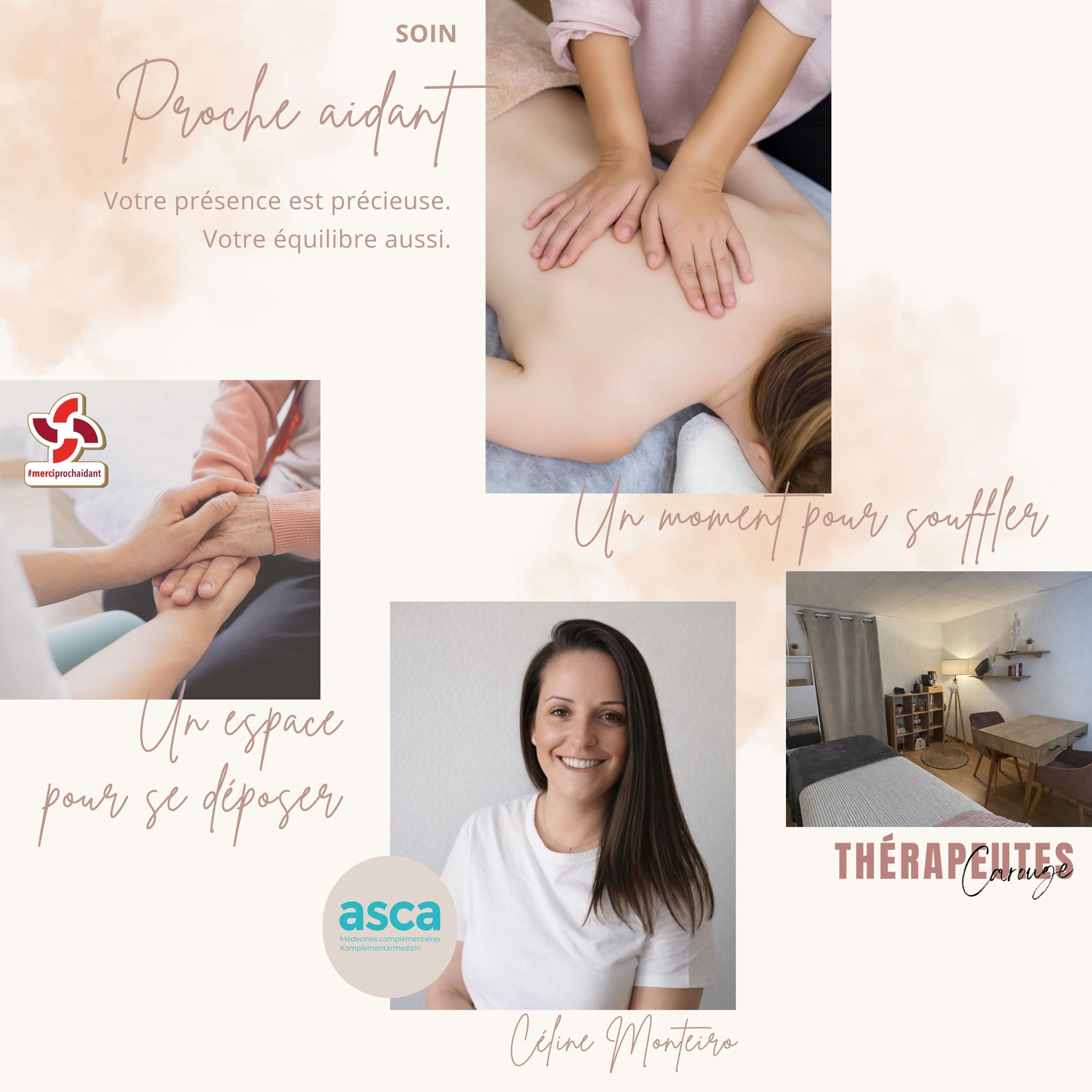 💛 Être proche aidant, c’est donner énormément.
Souvent en silence.
🙏Accompagner un parent, un enfant, un conjoint ou un proche fragilisé est un geste d’amour immense… mais aussi un chemin exigeant, qui mobilise le corps, l’émotionnel et l’énergie.
Avec le temps, la fatigue, le stress et la charge mentale s’installent. Le corps retient, s’adapte, compense.
🌿Je propose un espace de soin dédié aux proches aidants : un lieu pour déposer, respirer, relâcher ce qui pèse et retrouver un équilibre.
🦋Un souffle pour continuer d'accompagner, sans s'épuiser.
_________________
💛 Céline Monteiro
🌿Kinésiologue · Massothérapeute
📍Cabinet Thérapeutes Carouge
📆Réservation Onedoc
ℹ www.celinetherapeute.com
📲 +41 78 305 02 98